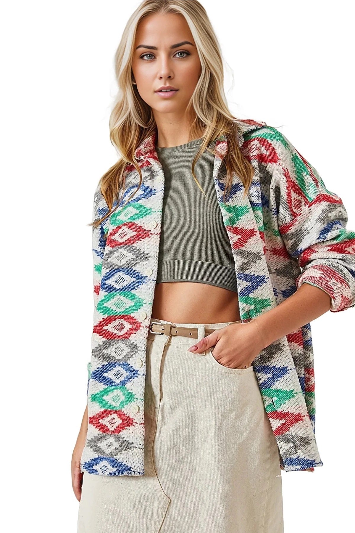 Ellen Women's Boho Print Button-Up Shacket - Blue and Green Red Print