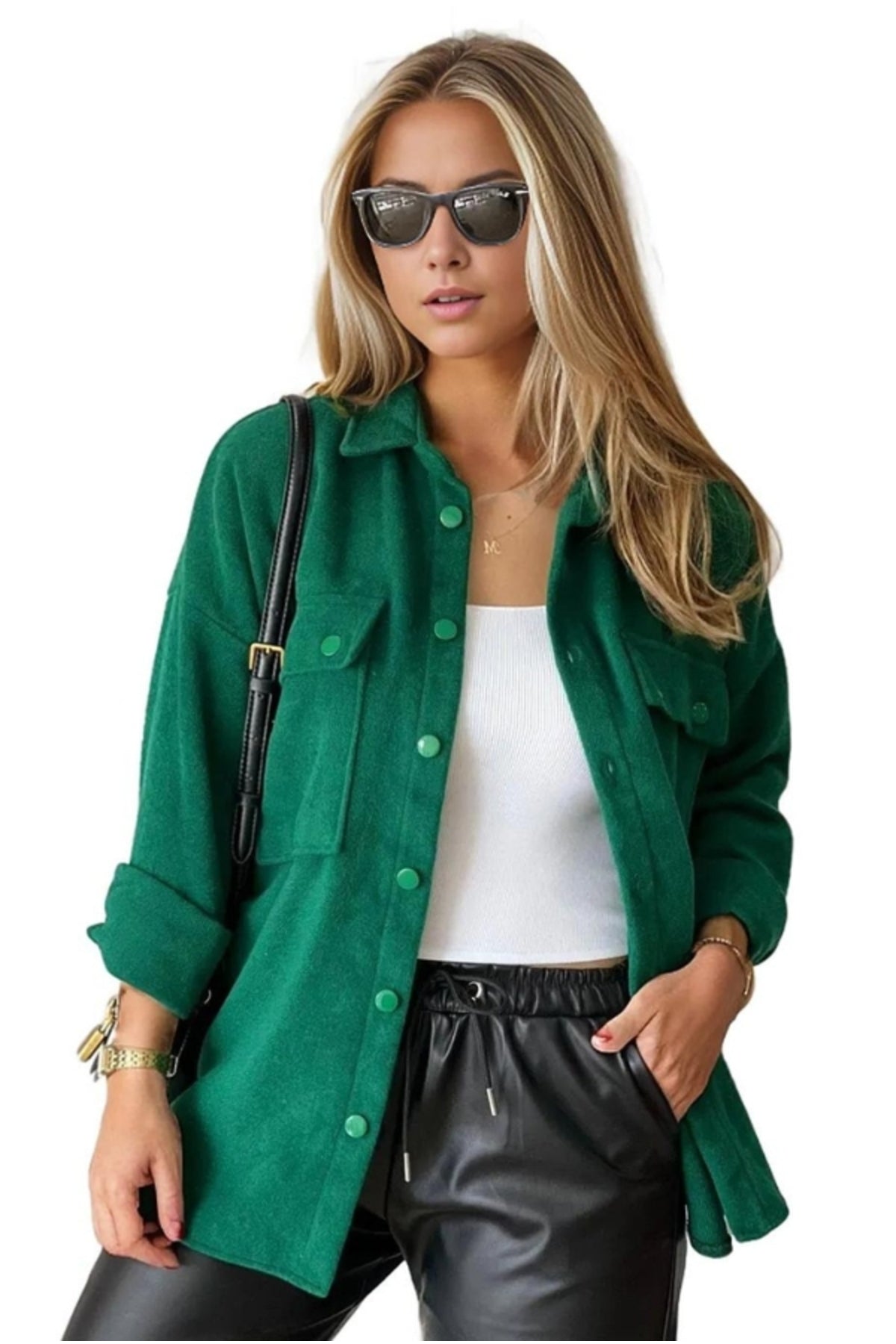 Mabel Women's Felted Fabric Shacket - Emerald and Green