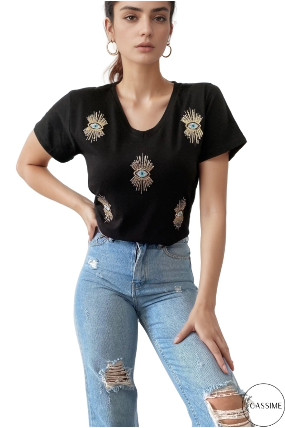 Olivia Women's Plus Size Embellished V-Neck T-Shirt - Black Evil Eye Sequin Embellishment