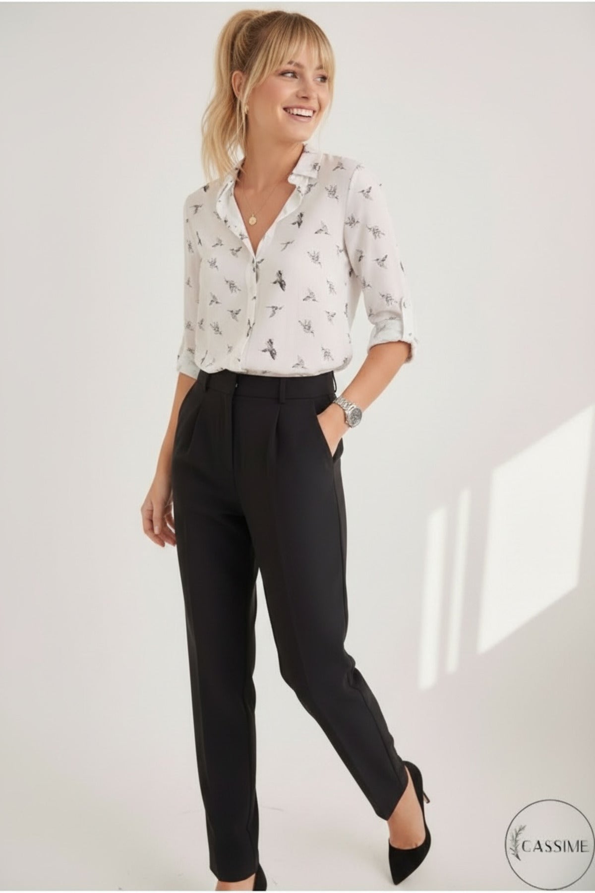 Amelia Women's Viscose Long Sleeve Button-Up Shirt - White Bird Motif