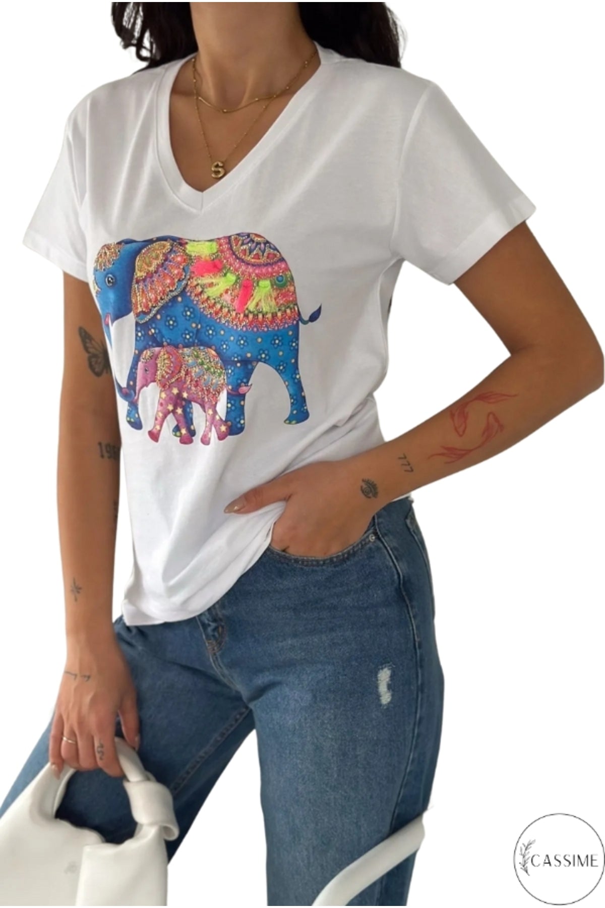 Sophie Women's Cotton Embellished V-Neck T-Shirt - White with Multicolor Elephant Print