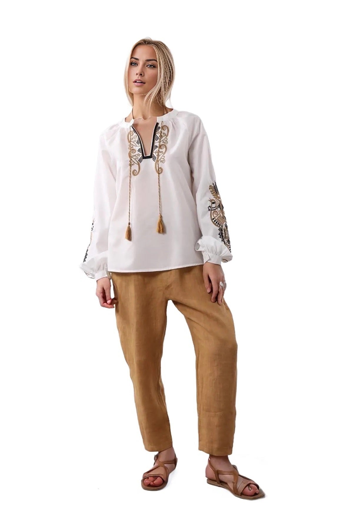 Nicole Women's Cotton Embroidered Long Sleeve Blouse - White with Gold Embroidery