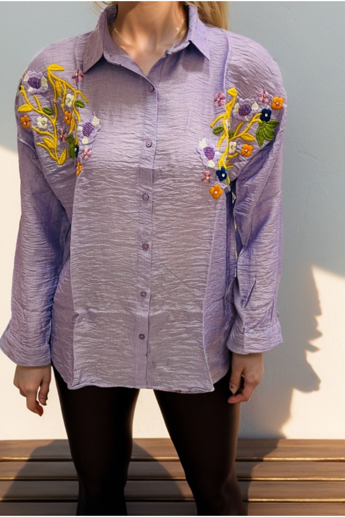 Claire Women's Floral Embellished Button-Up Shirt - Lilac Floral Embroidery