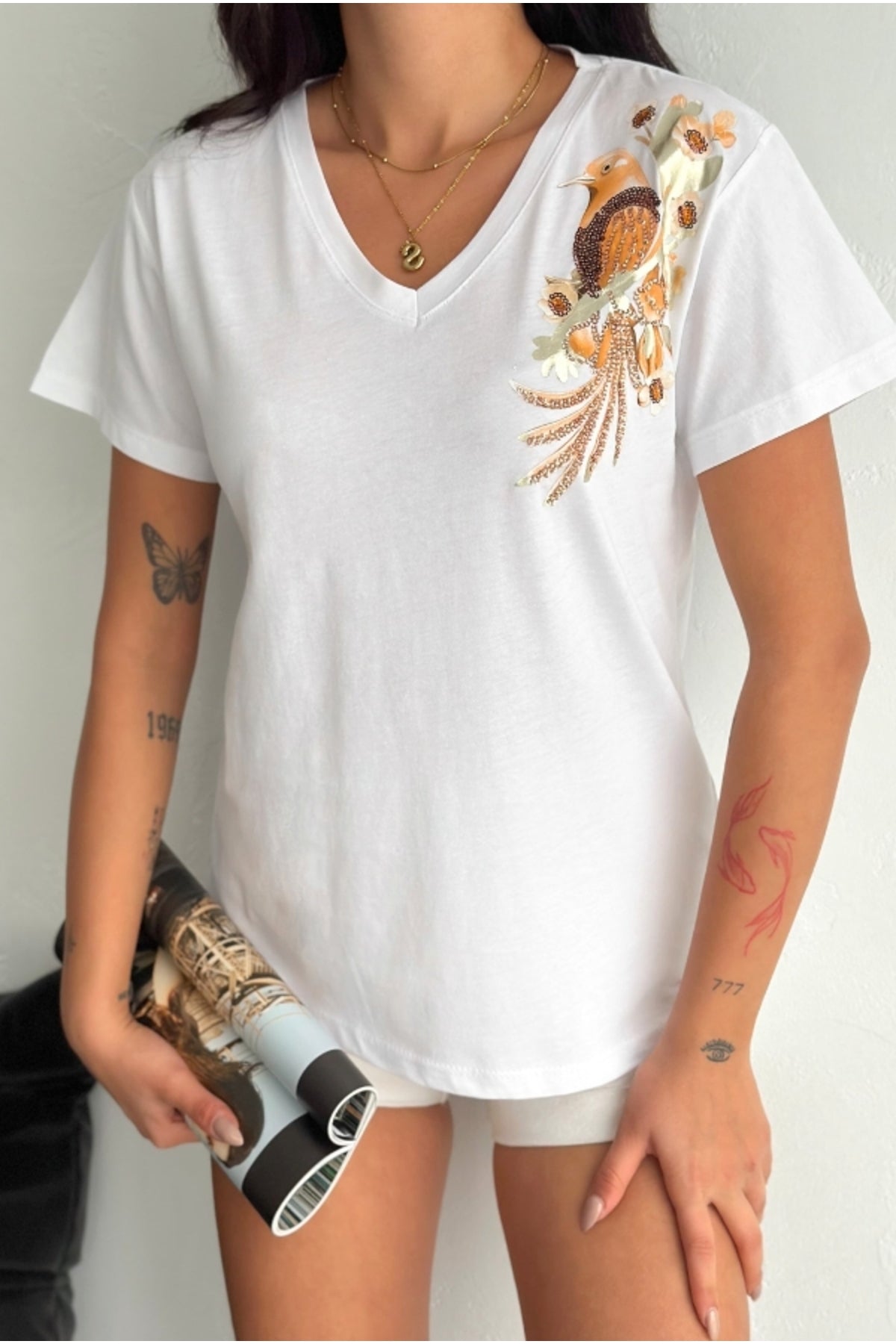 Olivia Women's Cotton Plus Size Embellished V-Neck T-Shirt - White with Gold Bird Embroidery