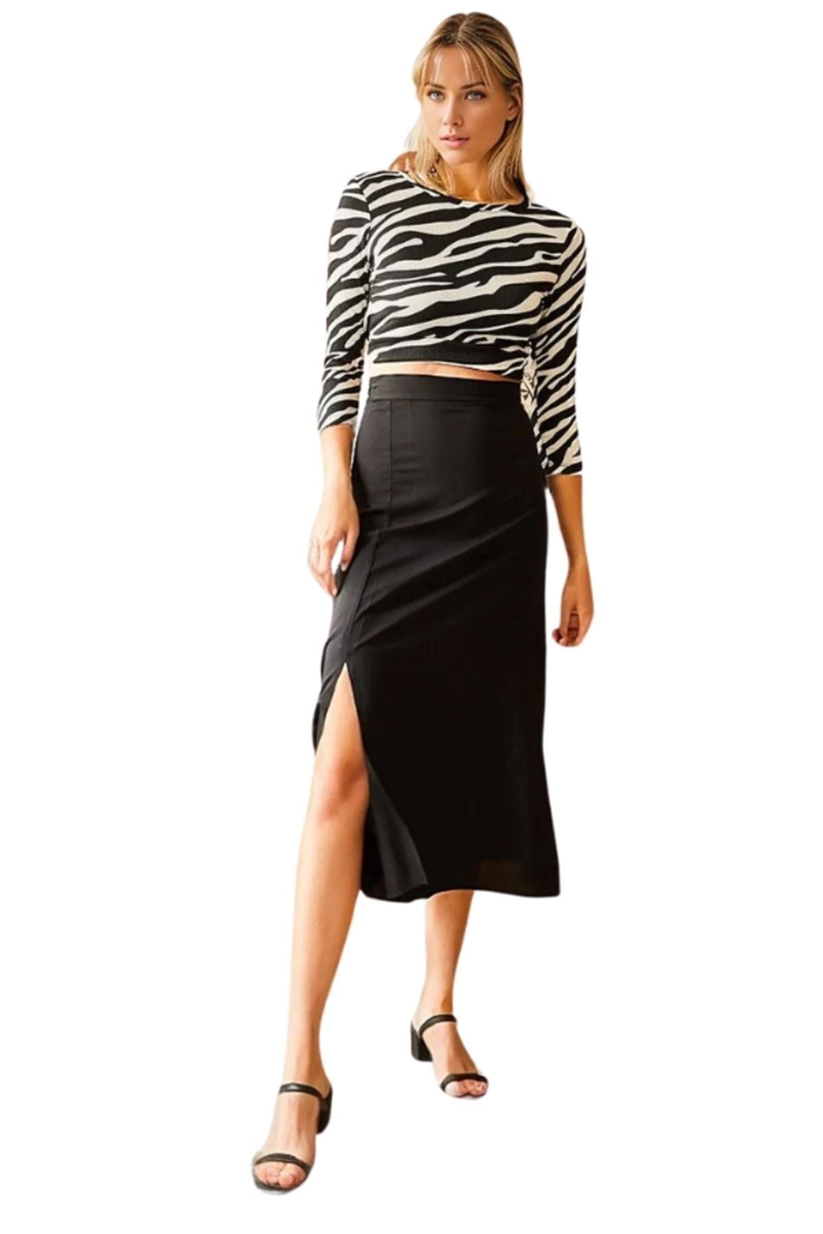 Genevieve Women's Viscose Midi Skirt with Side Slit - Solid Black