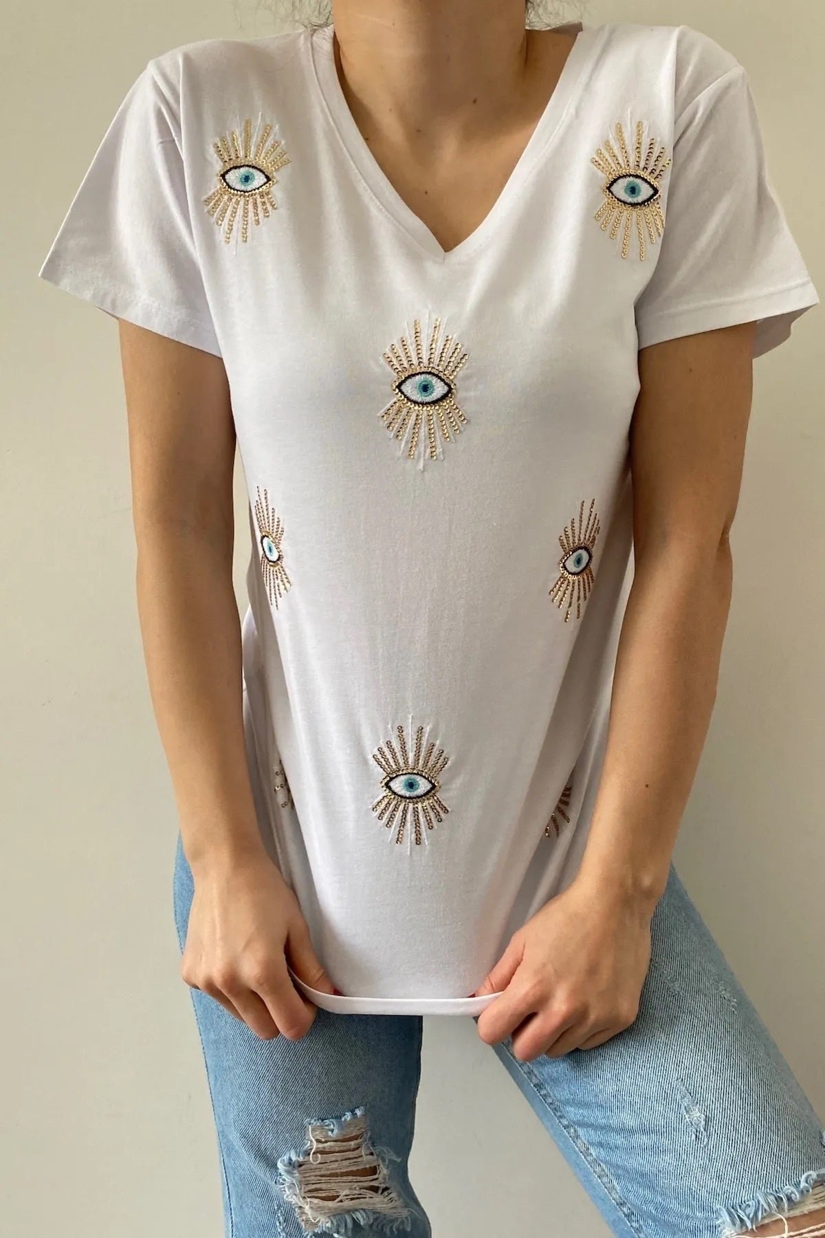 Olivia Women's Plus Size Embellished V-Neck T-Shirt - White Evil Eye Sequin Embellishment