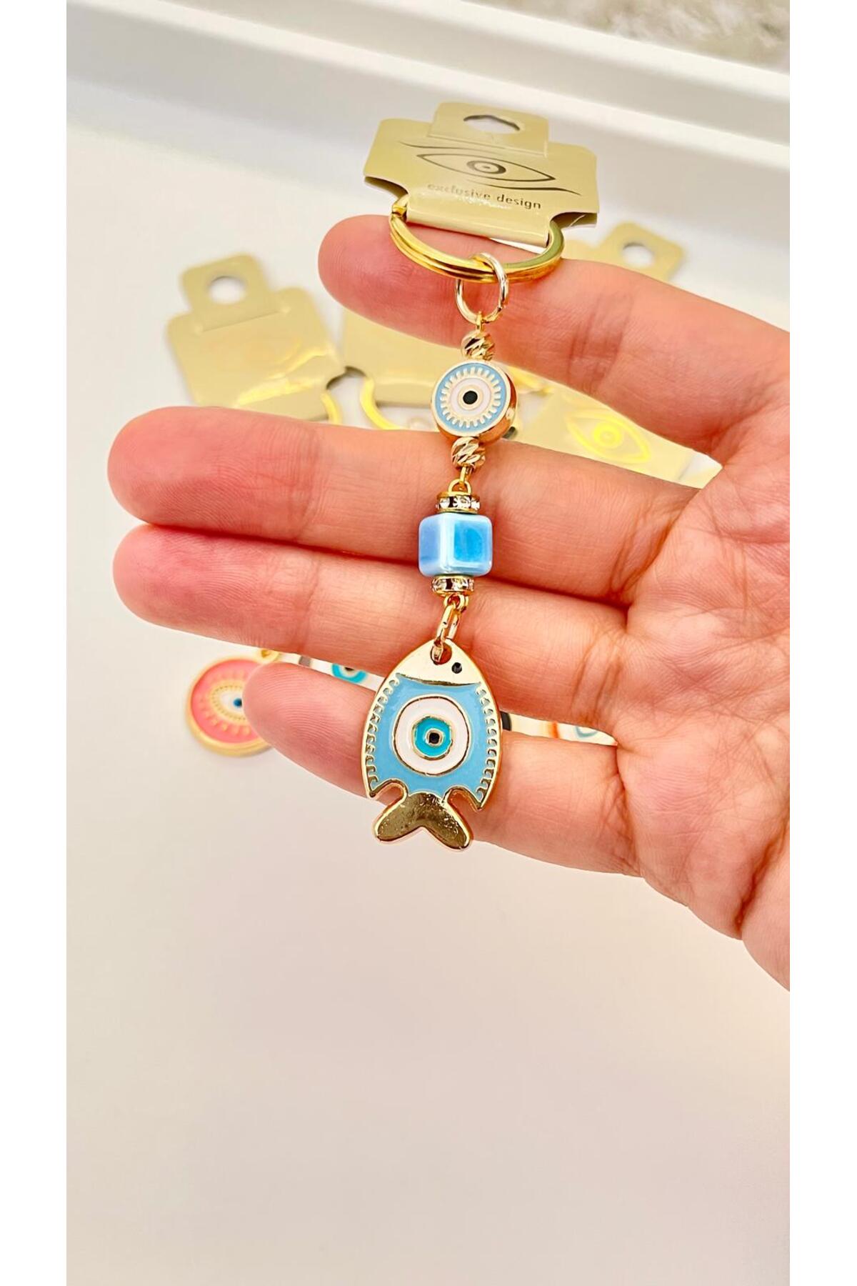 Hannah Gold-Plated Bodrum Bead Keychain - Blue Fish