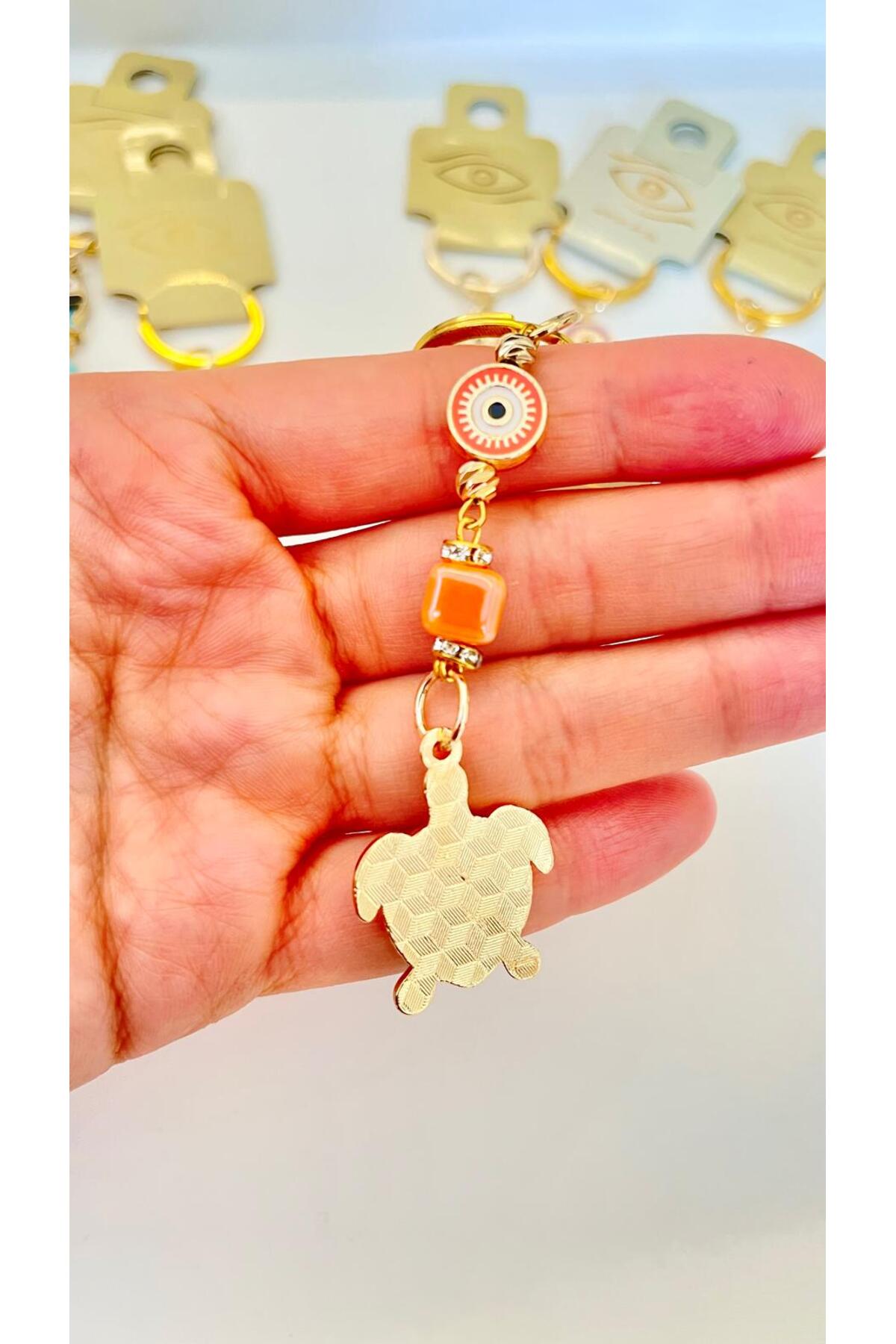 Hannah Gold-Plated Bodrum Bead Keychain - Orange Turtle