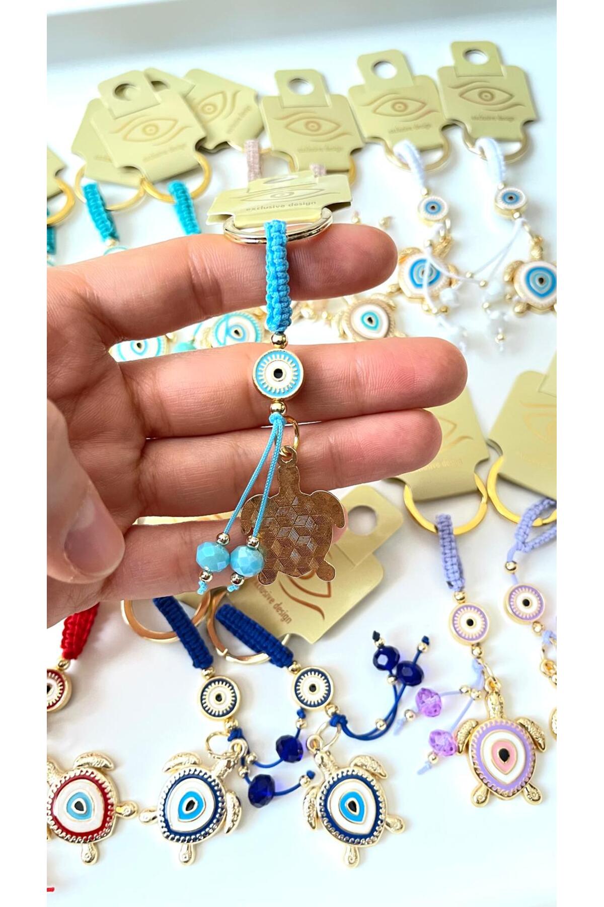 Ivy Gold-Plated Evil Eye Keychain - Light Blue Turtle Design