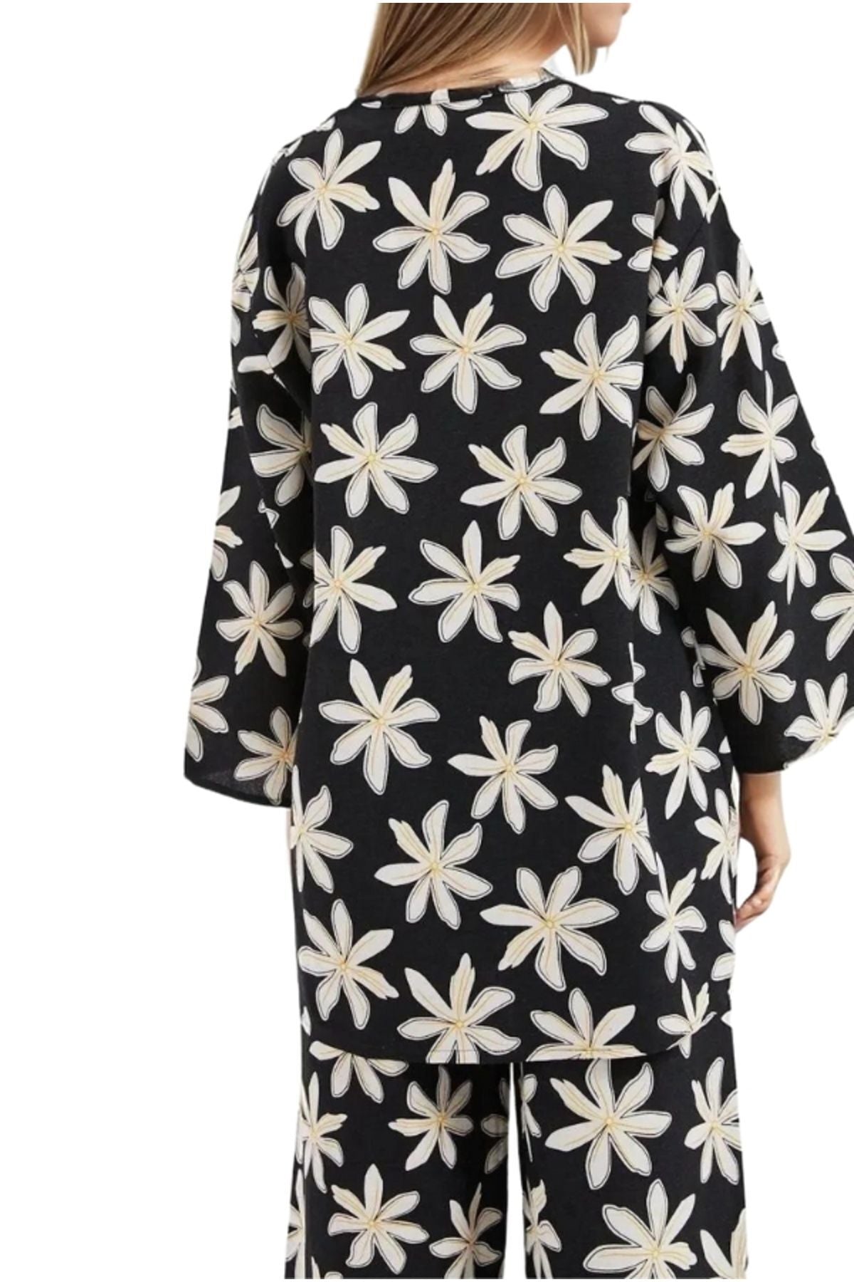 Catherine Women's Linen-Viscose Blend Relaxed Fit Kimono - Black Floral