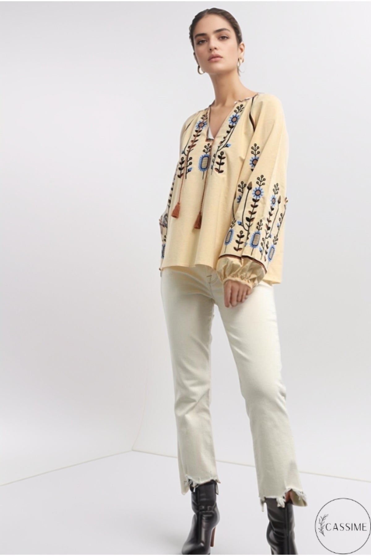 Frances Women's Cotton Embroidered Long Sleeve Blouse - Cream