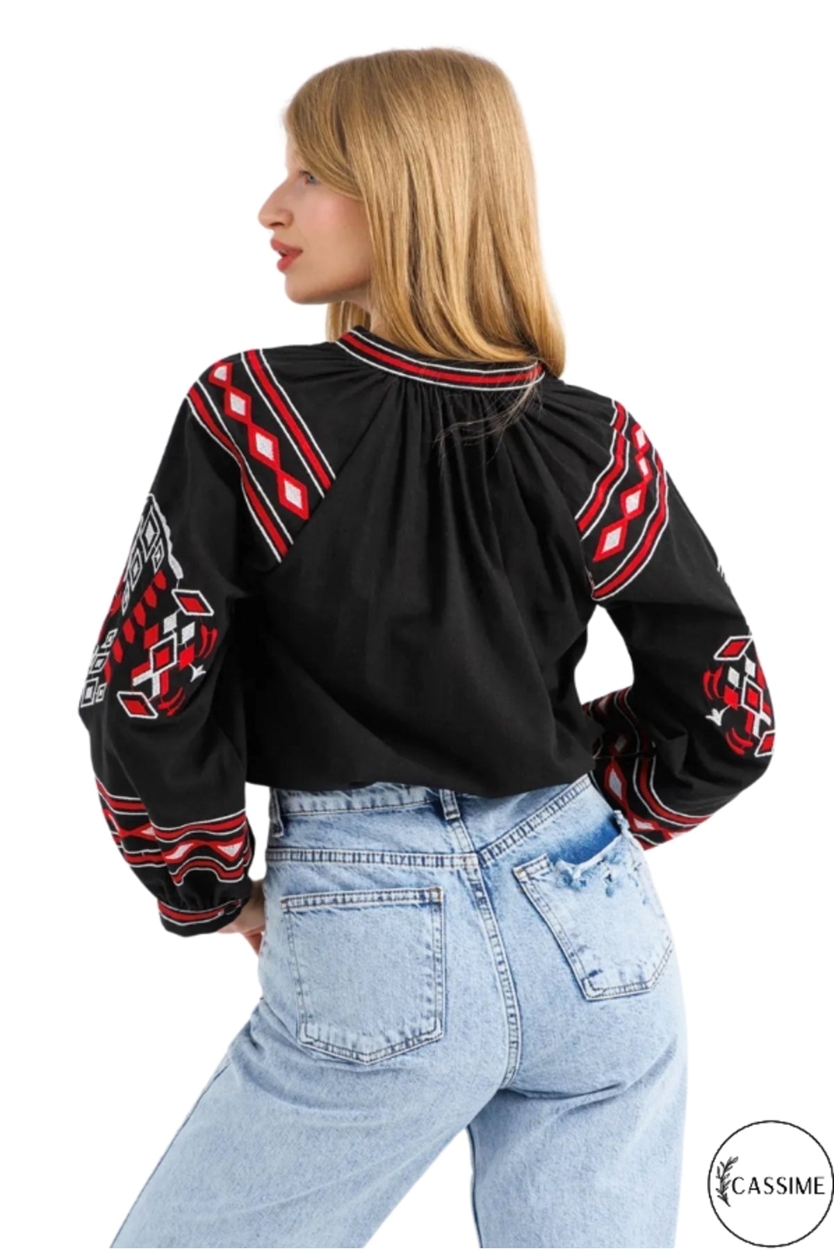 Winifred Women's Cotton-Linen Blend Vintage Inspired Embroidered Blouse - Black