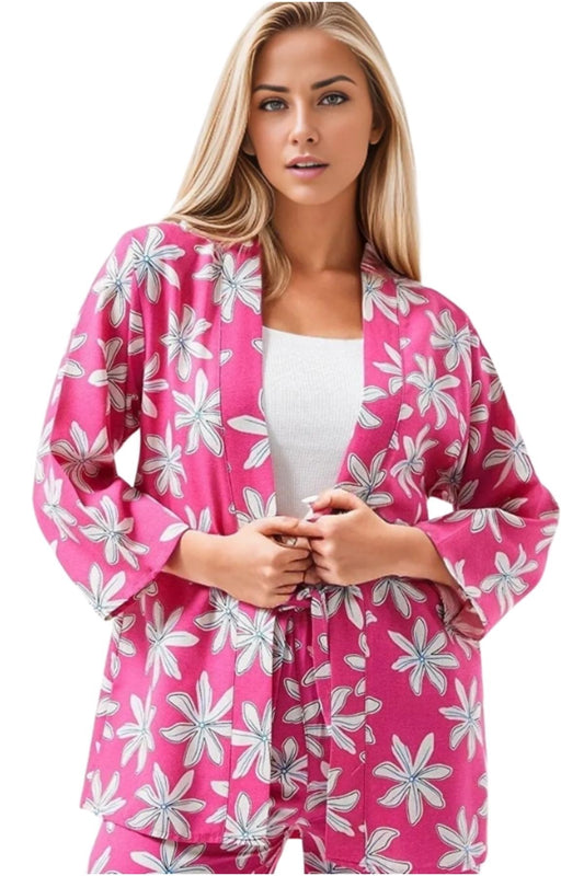 Catherine Women's Linen-Viscose Blend Relaxed Fit Kimono - Pink Floral