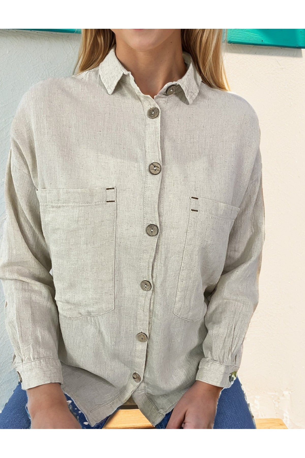Jasmine Women's Cotton-Linen Blend Oversized Longline Button-Up Shirt - Beige