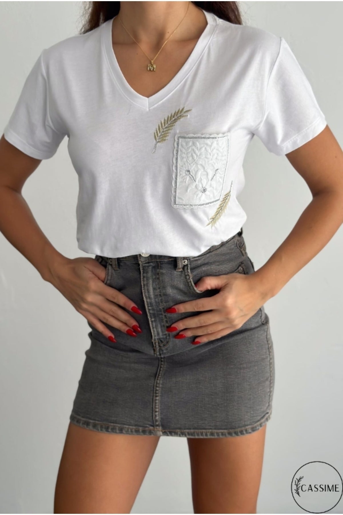 Olivia Women's Cotton Plus Size Embellished V-Neck T-Shirt - White with Pocket Embroidery