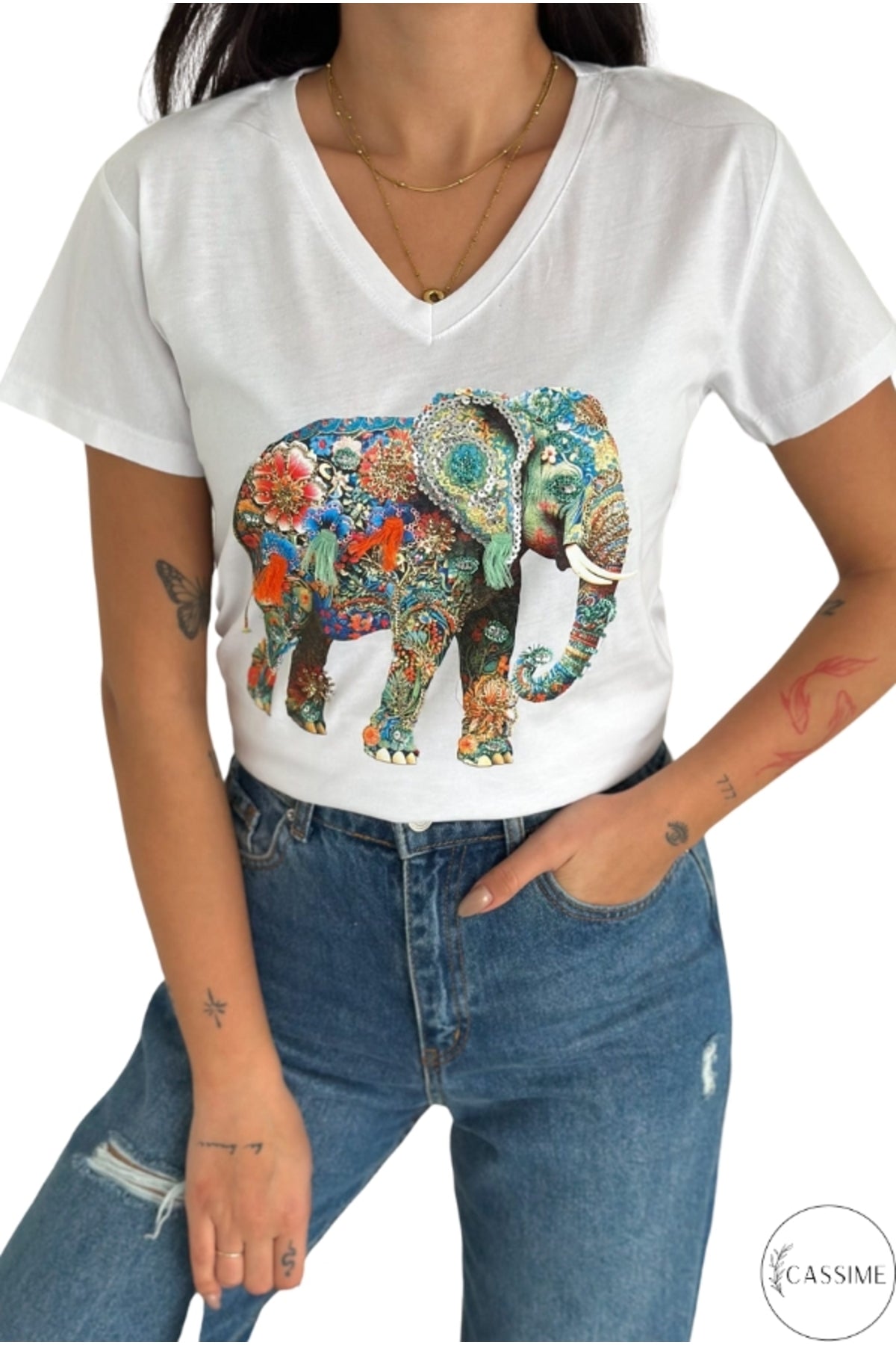 Olivia Women's Cotton Plus Size Embellished V-Neck T-Shirt - White with Multicolor Elephant Sequins
