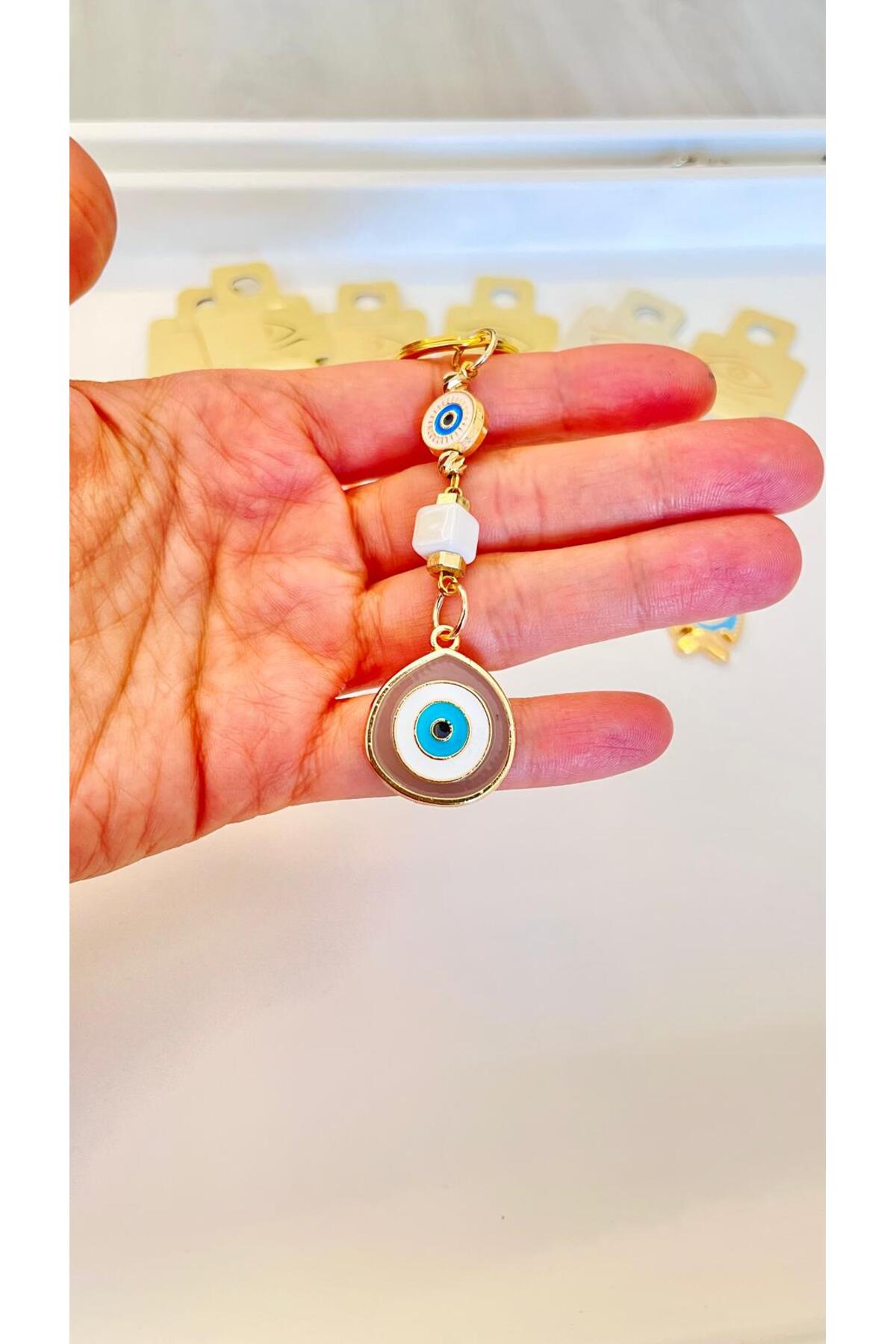 Hannah Gold-Plated Bodrum Bead Keychain - Beige Teardrop