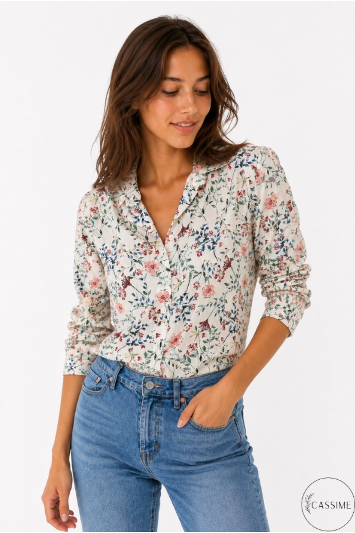 Amelia Women's Viscose Long Sleeve Button-Up Shirt - Mini Pink Floral