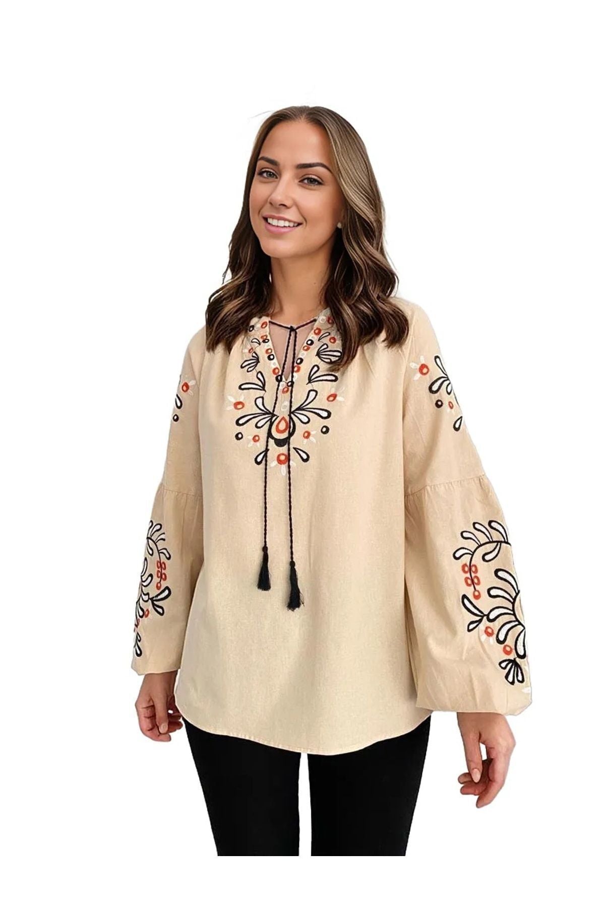 April Women's Embroidered Balloon Sleeve Tassel Blouse - Cream