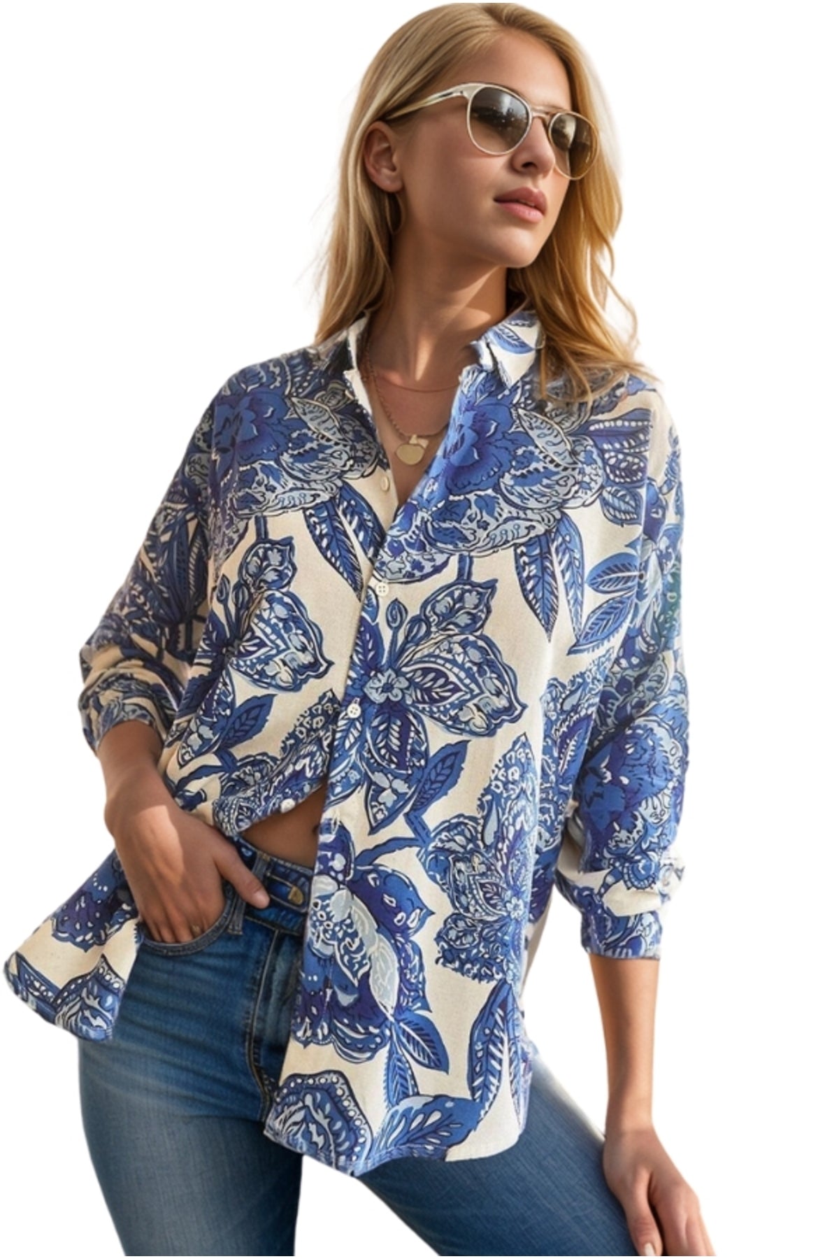Emilia Women's Linen-Viscose Blend Oversized Printed Shirt - Blue Large Floral
