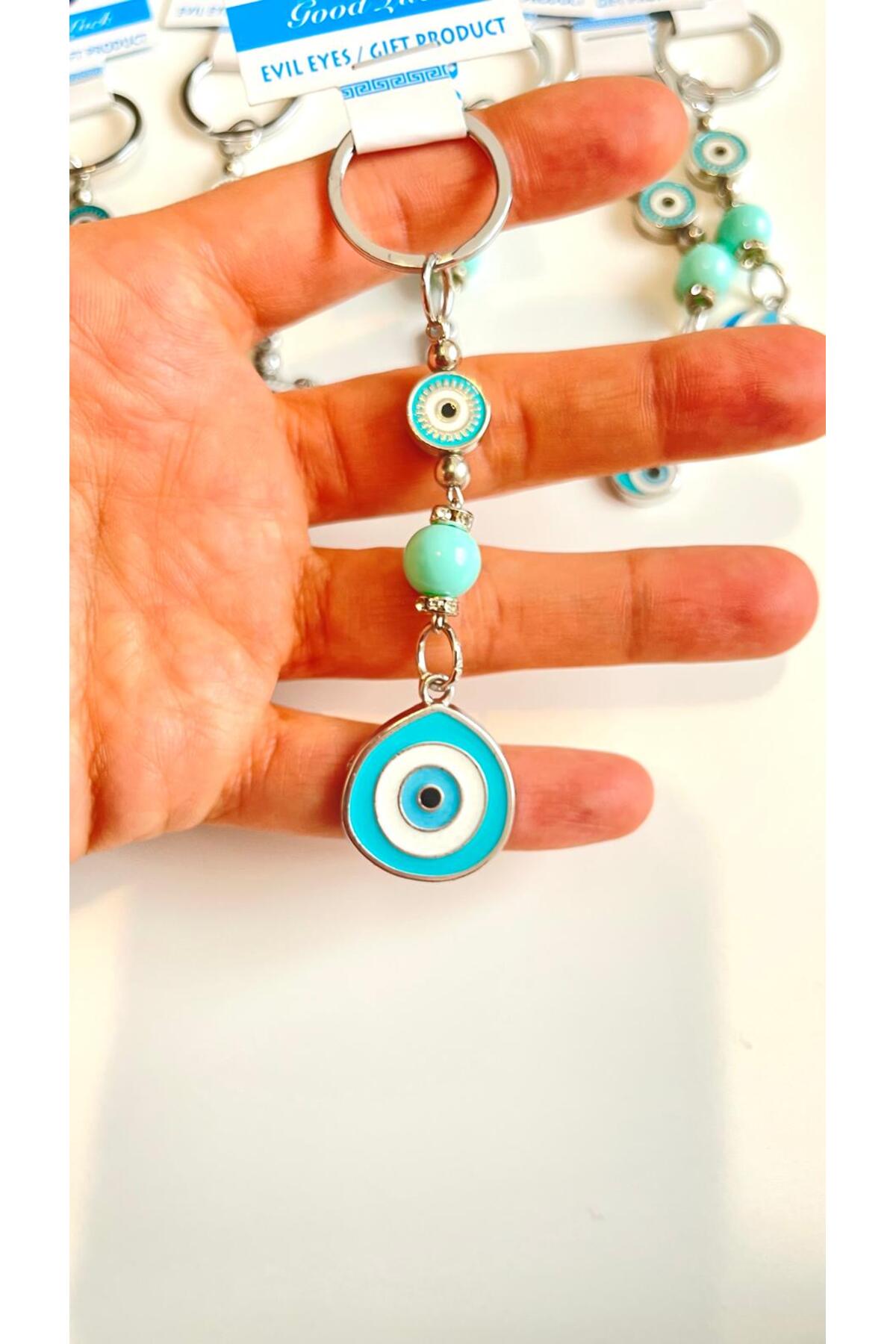 Abigail Silver-Plated Evil Eye Keychain - Turquoise Metal Teardrop Evil Eye