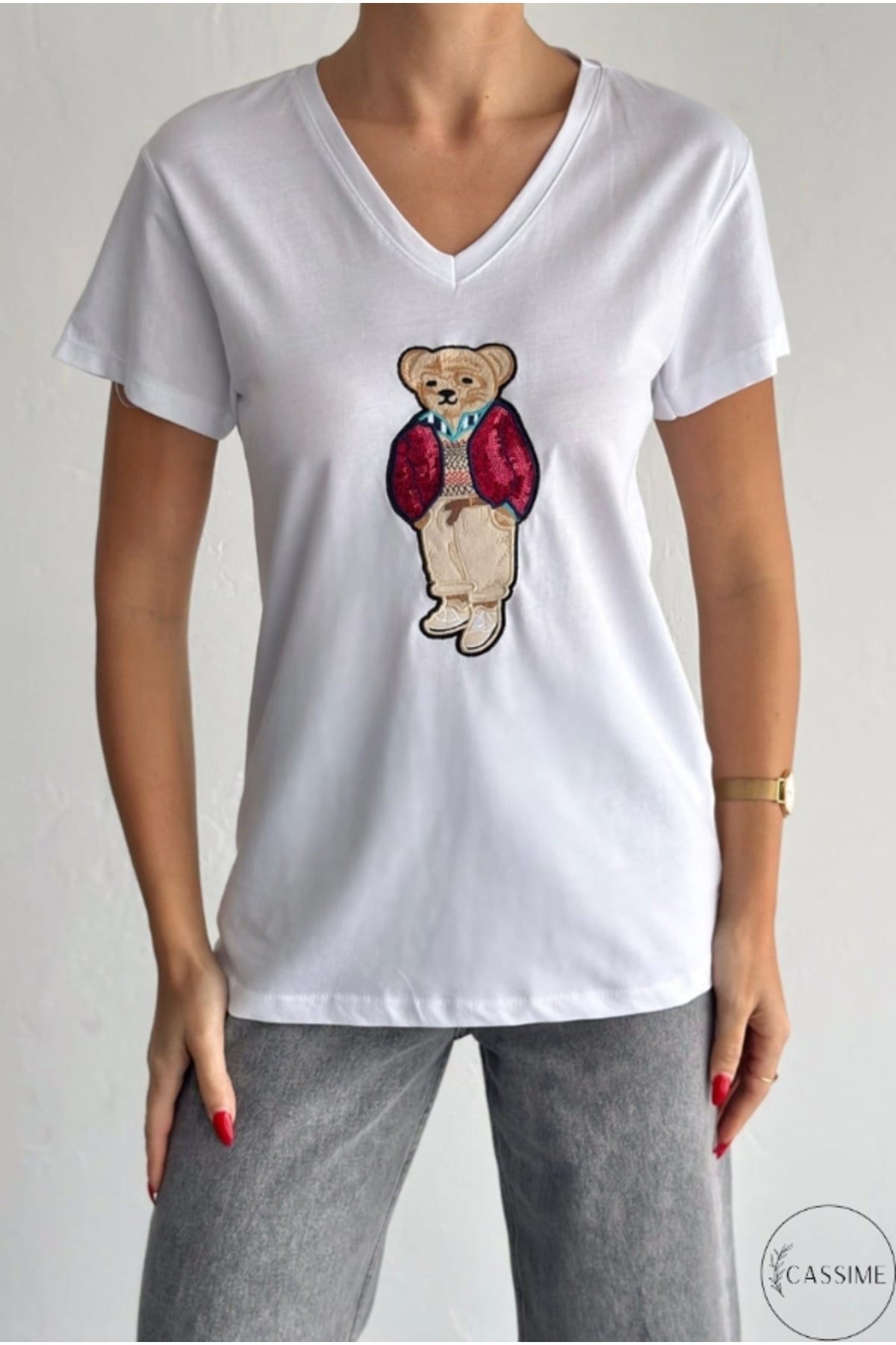Olivia Women's Cotton Plus Size Embellished V-Neck T-Shirt - White Teddy Bear Print