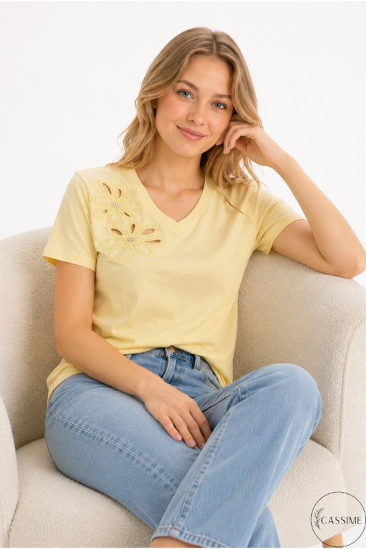 Emma Women's Cotton Embellished T-Shirt - Yellow Floral Embroidery Print