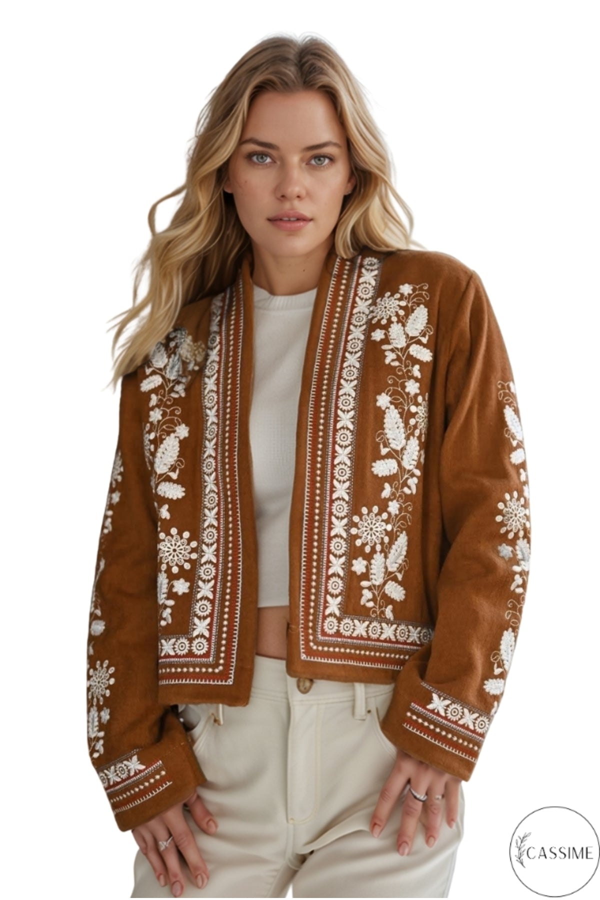 Caitlin Women's Floral Embroidered Boho Jacket - Camel