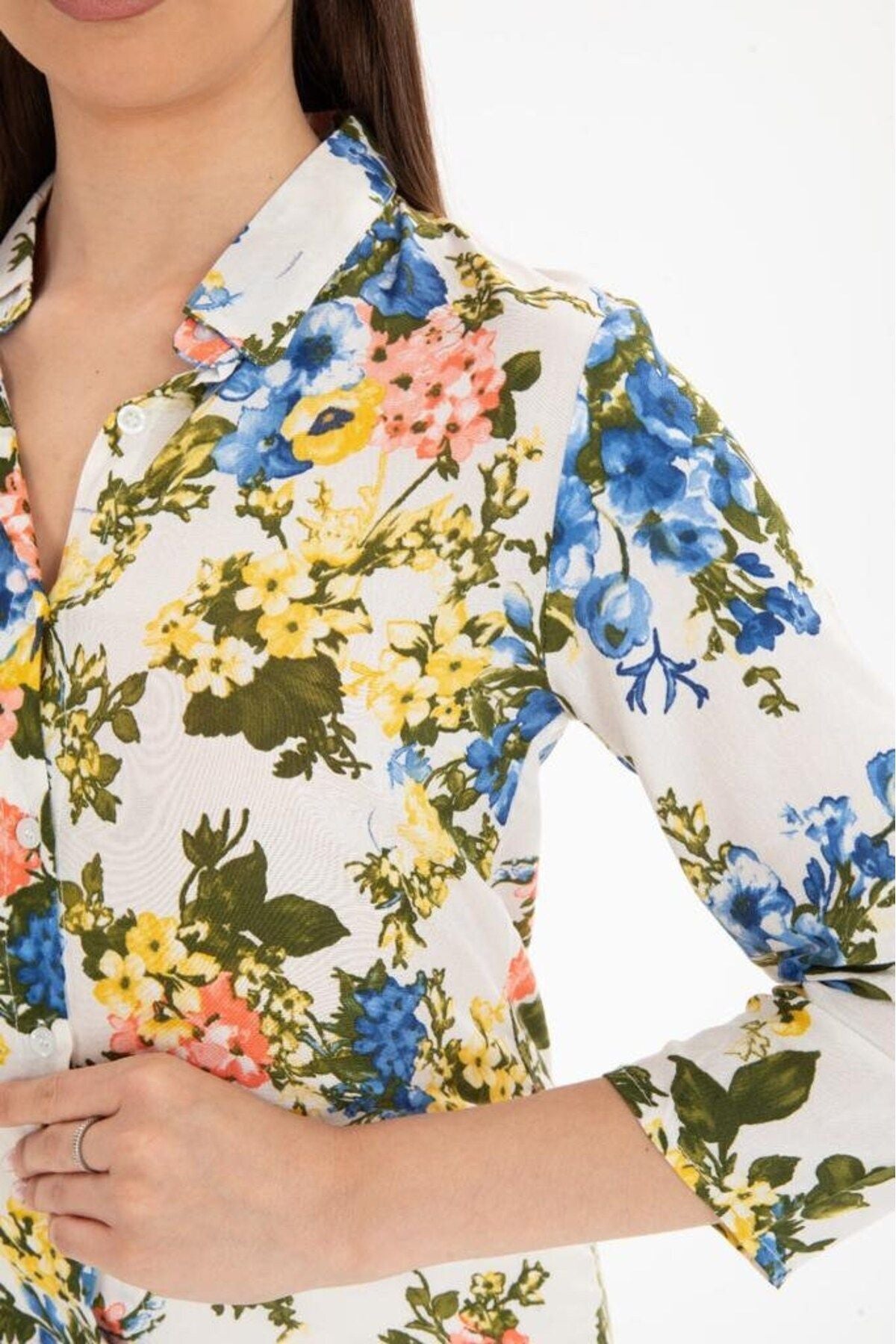 Amelia Women's Viscose Long Sleeve Button-Up Shirt - Ecru Bright Multicolor Floral