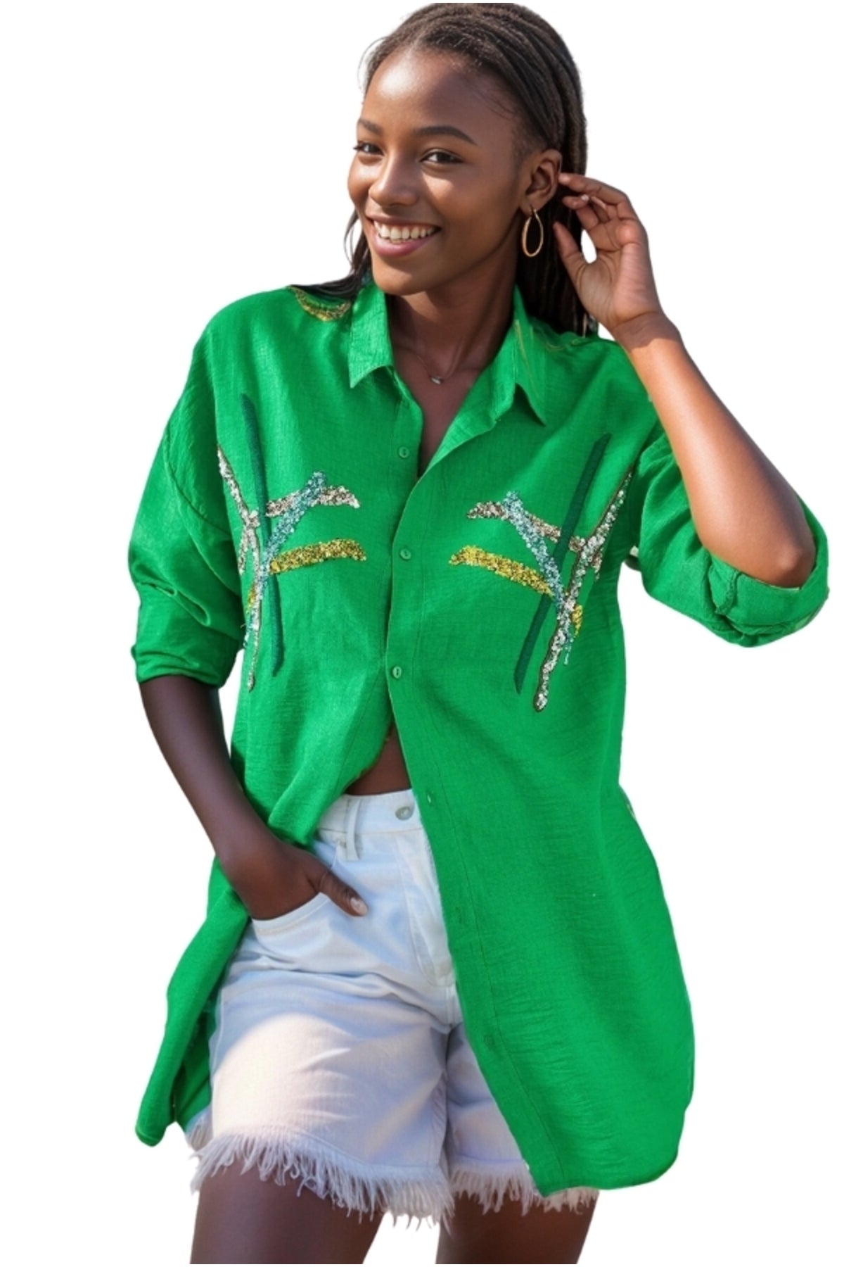 Natasha Women's Embroidered Oversized Shirt - Grass Green Print
