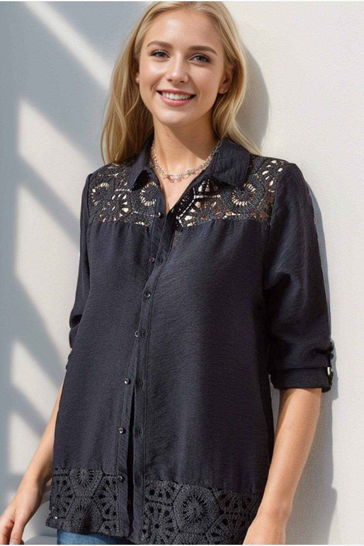 Gemma Women's Lace Pattern Roll-Sleeve Shirt - Black