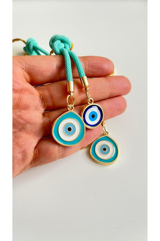 Rose Evil Eye Cord Keychain - Almond Green Bead Design
