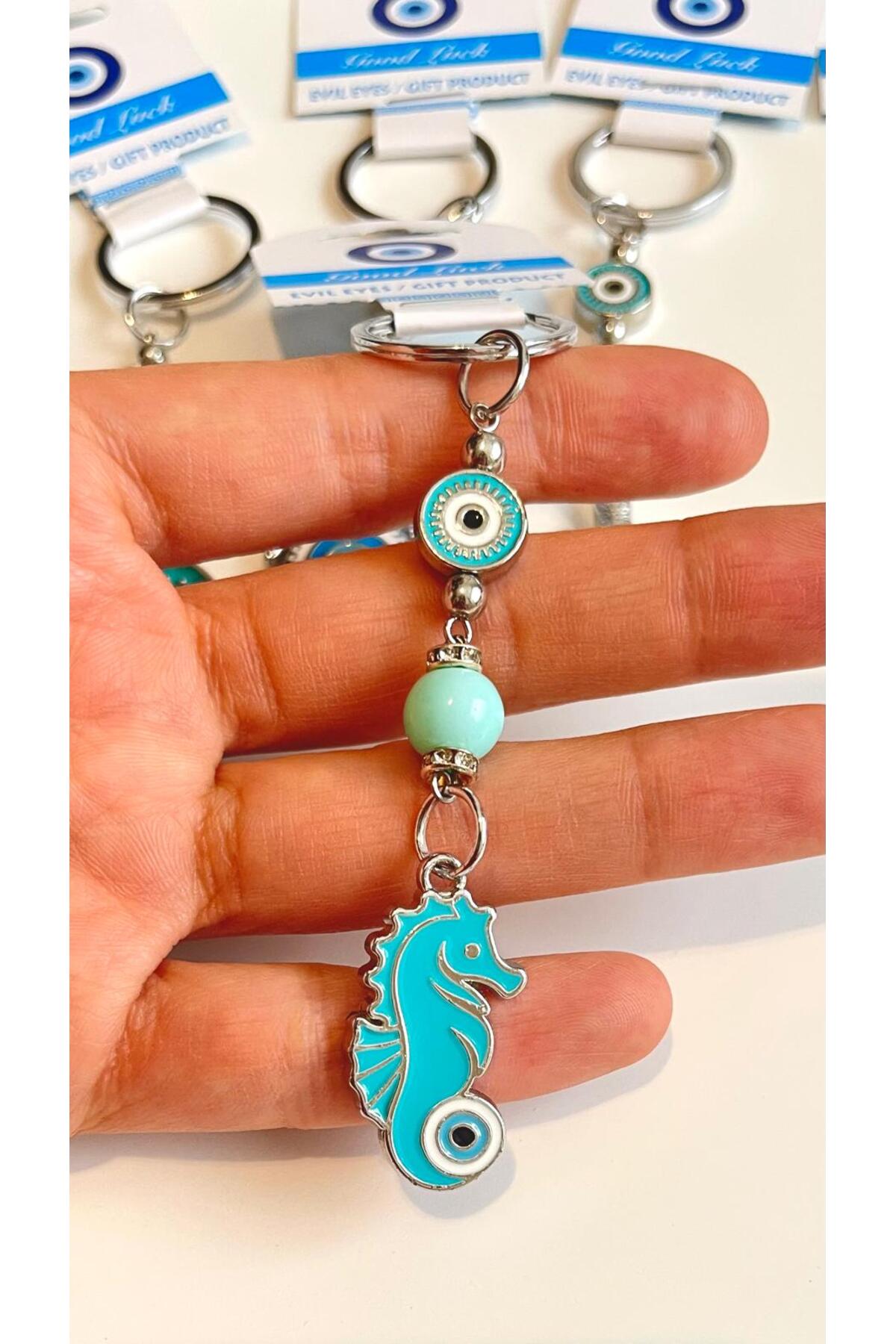 Abigail Silver-Plated Evil Eye Keychain - Turquoise Seahorse Design