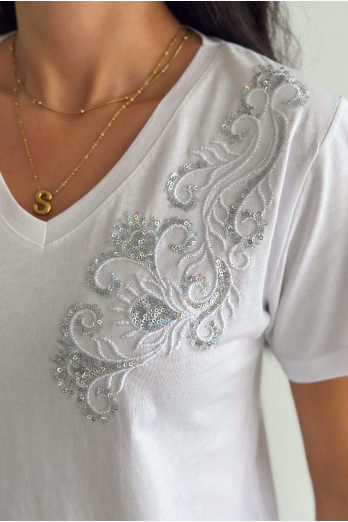 Olivia Women's Cotton Plus Size Embellished V-Neck T-Shirt - White with Shoulder Sequins