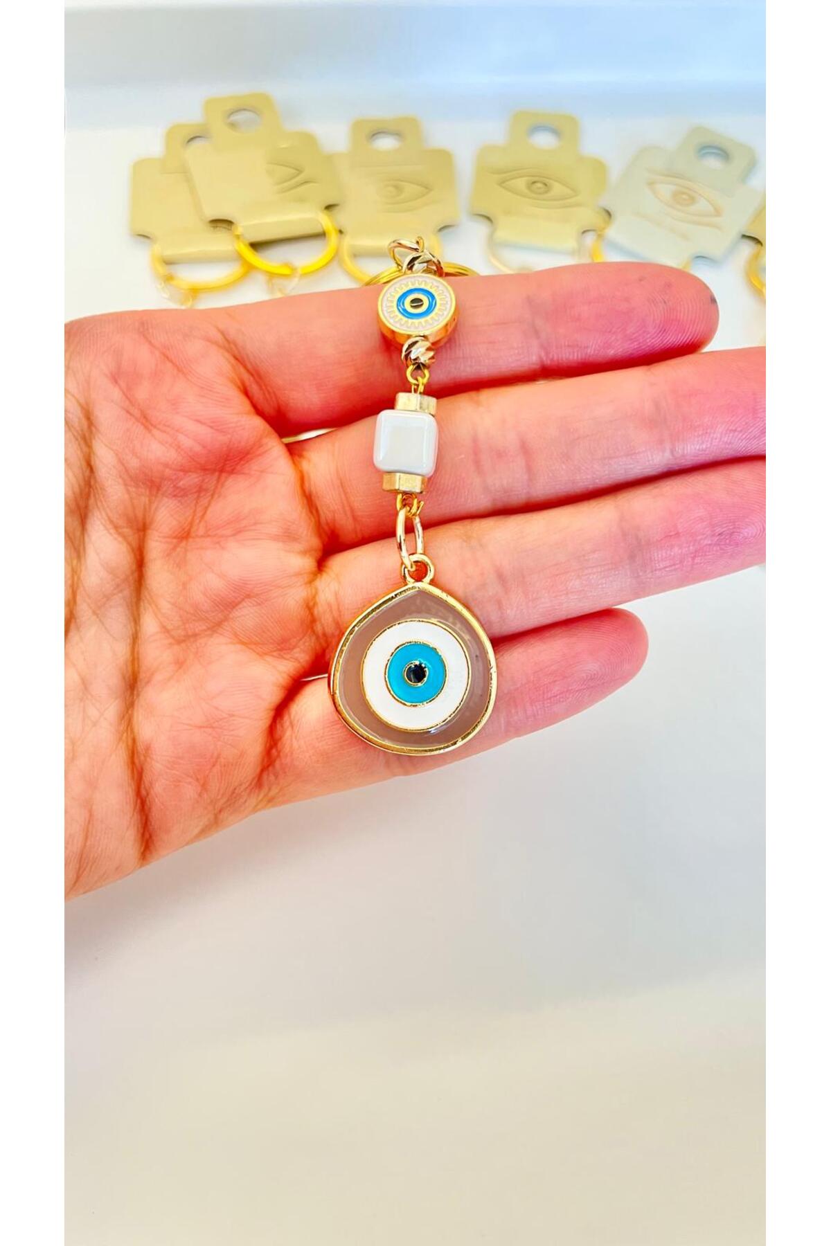 Hannah Gold-Plated Bodrum Bead Keychain - Beige Teardrop