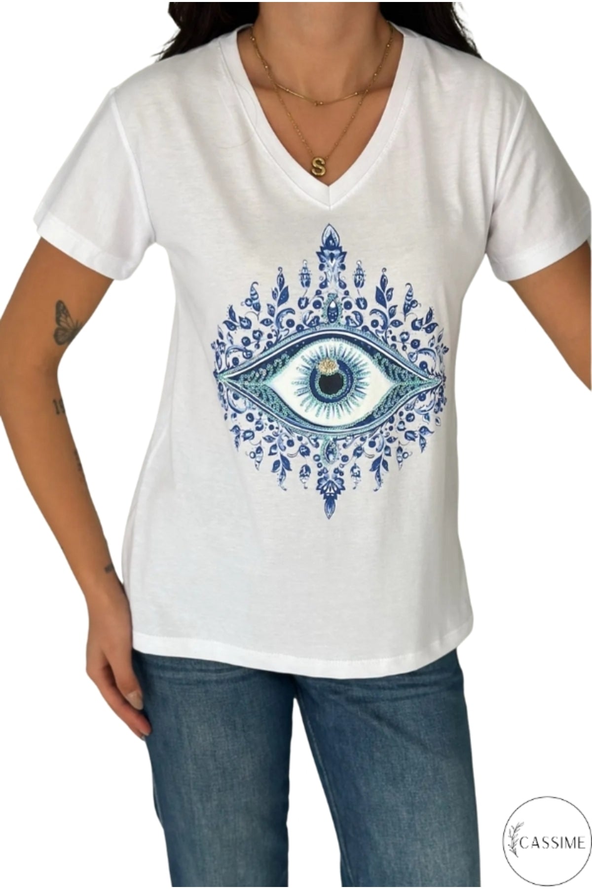 Olivia Women's Cotton Plus Size Embellished V-Neck T-Shirt - White with Blue Evil Eye Print