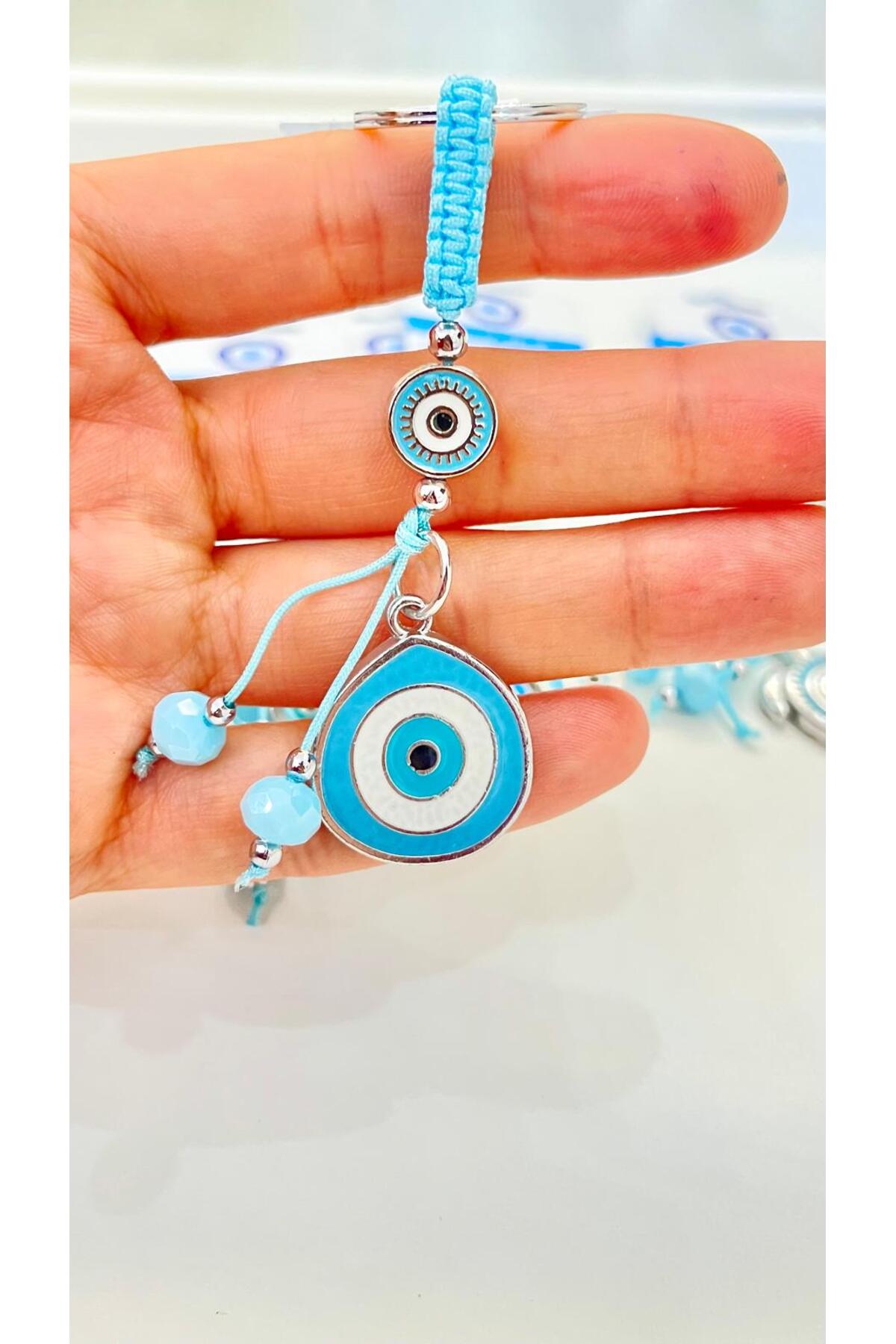 Abigail Silver-Plated Evil Eye Keychain - Light Blue Teardrop