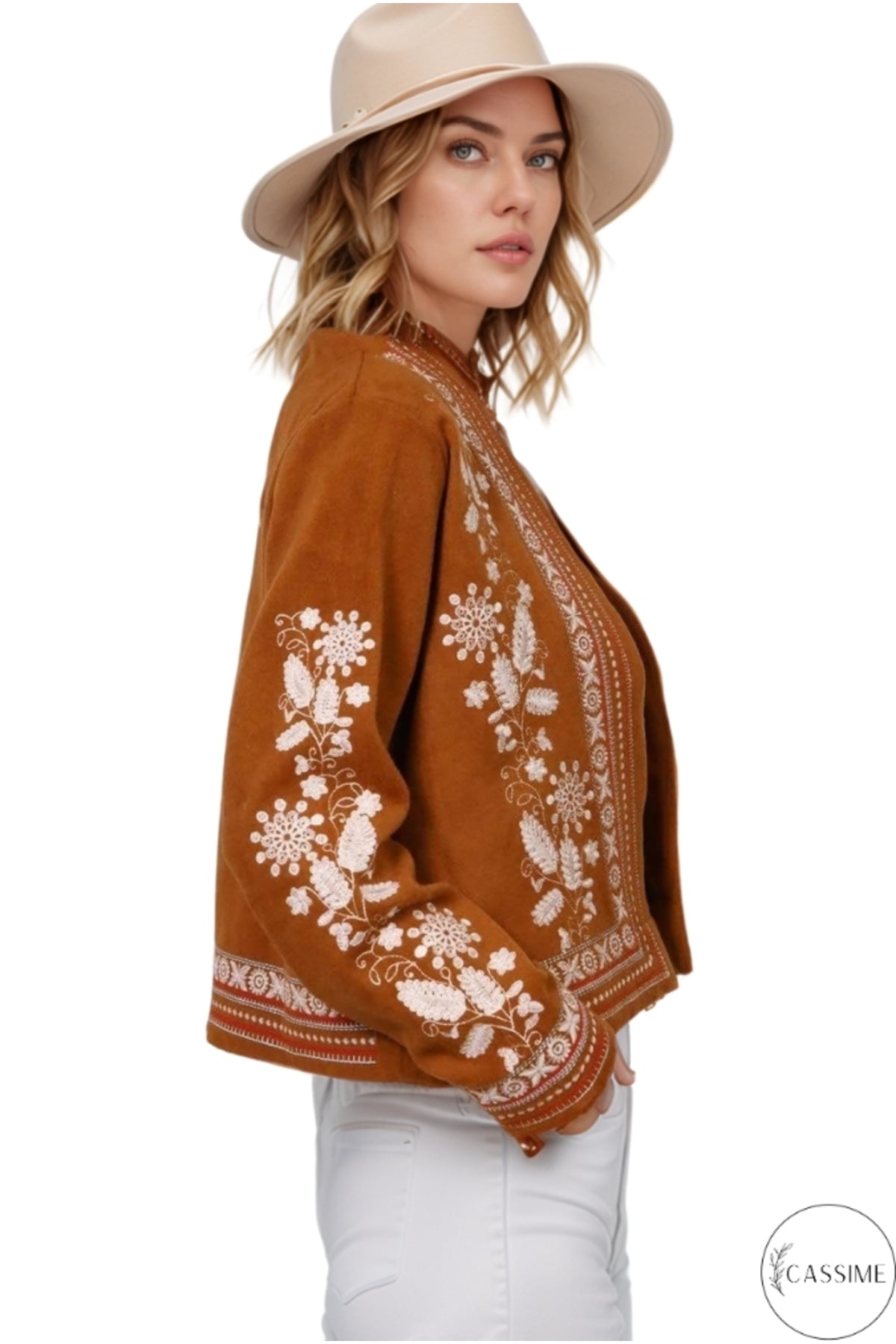 Caitlin Women's Floral Embroidered Boho Jacket - Camel
