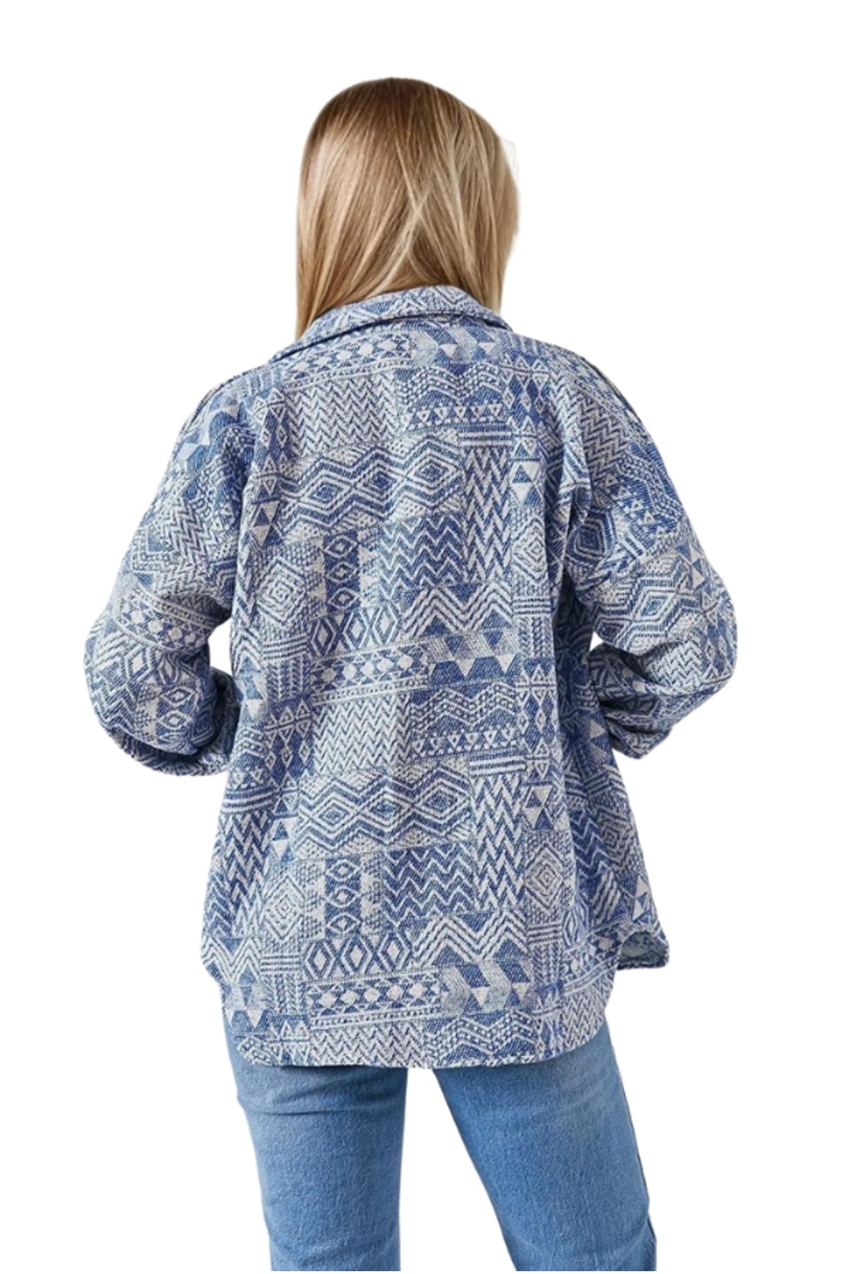 Ellen Women's Boho Print Button-Up Shacket - Blue Boho Print