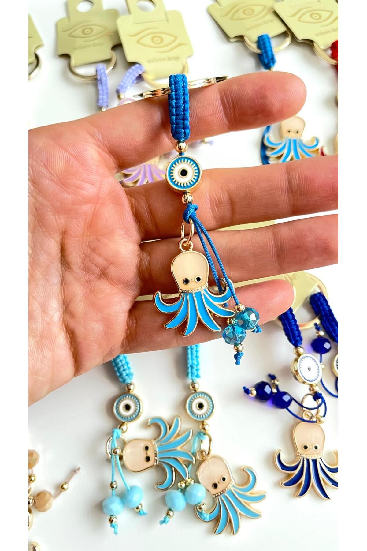 Ivy Gold-Plated Evil Eye Keychain - Royal Blue Octopus Design