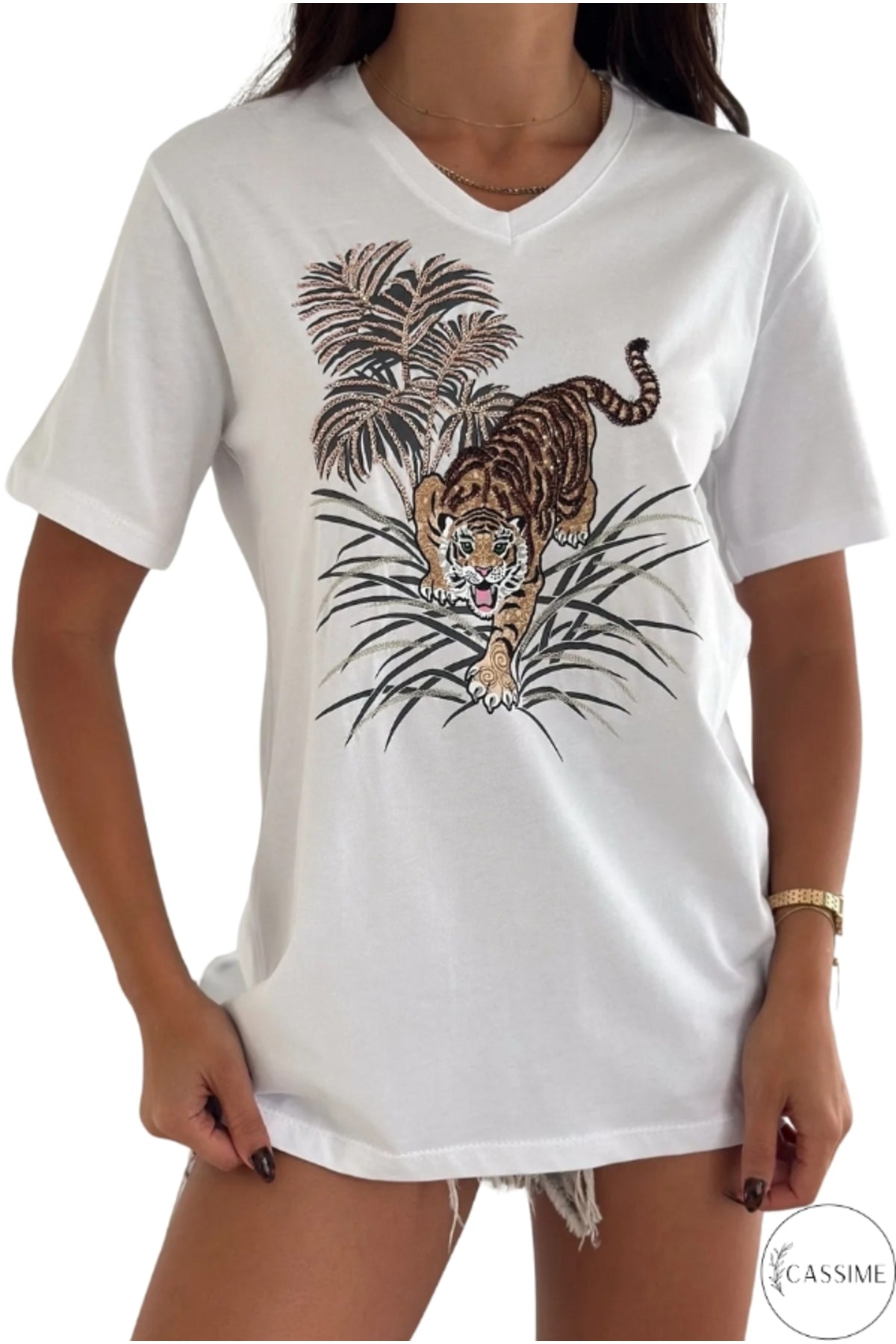 Sophie Women's Cotton Embellished V-Neck T-Shirt - White Leopard Print