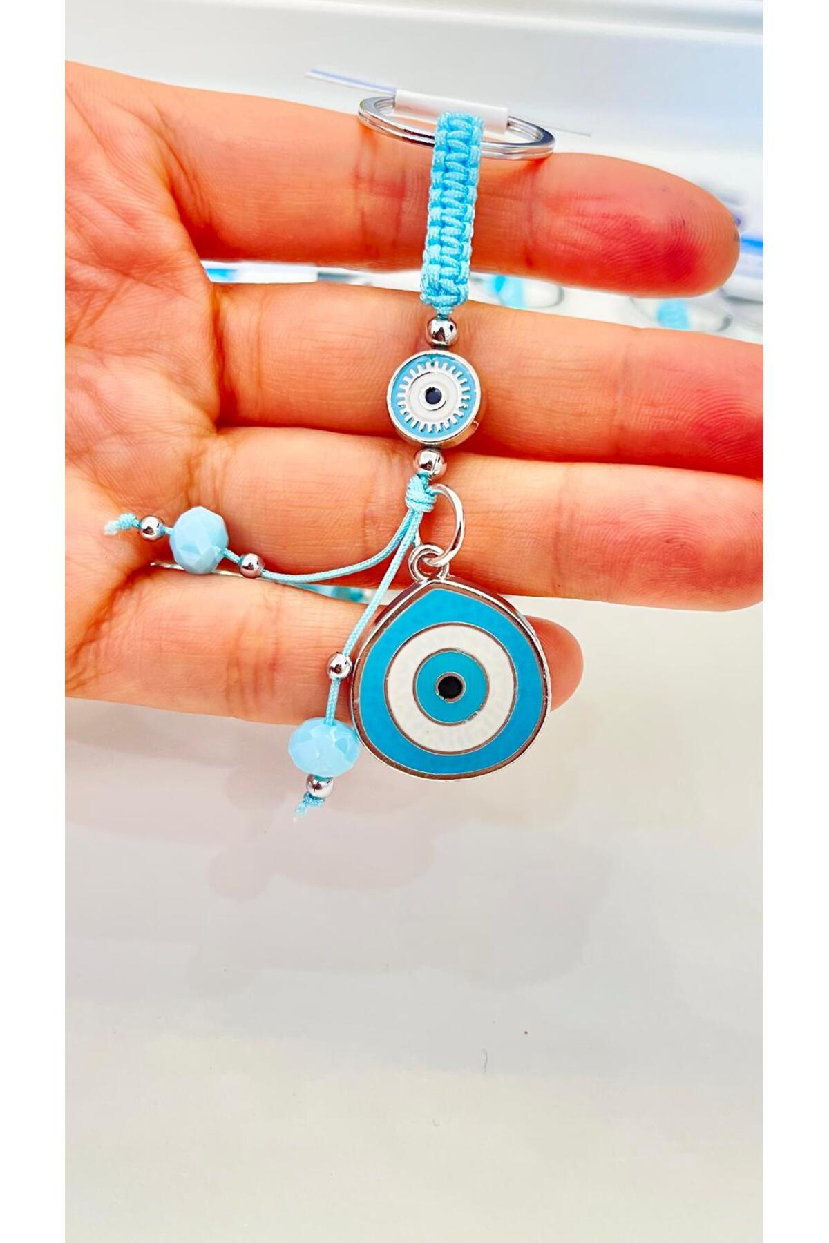 Abigail Silver-Plated Evil Eye Keychain - Light Blue Teardrop