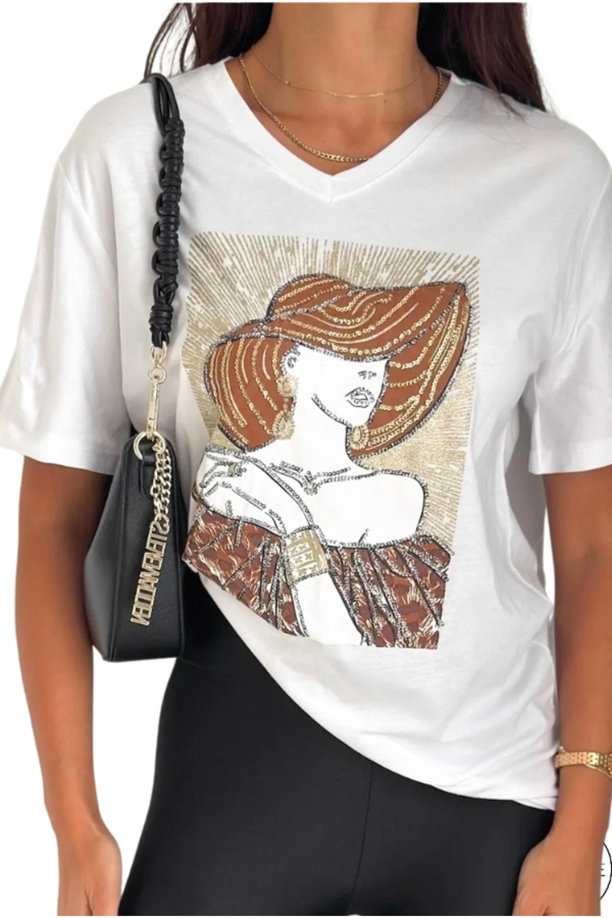 Olivia Women's Cotton Plus Size Embellished V-Neck T-Shirt - White with Woman in Hat Sequins