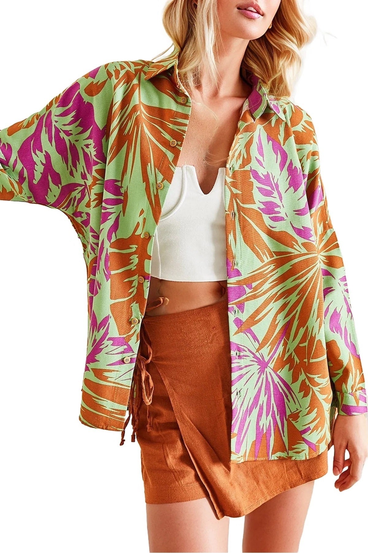 Emilia Women's Linen-Viscose Blend Oversized Printed Shirt - Green and Fuchsia Print