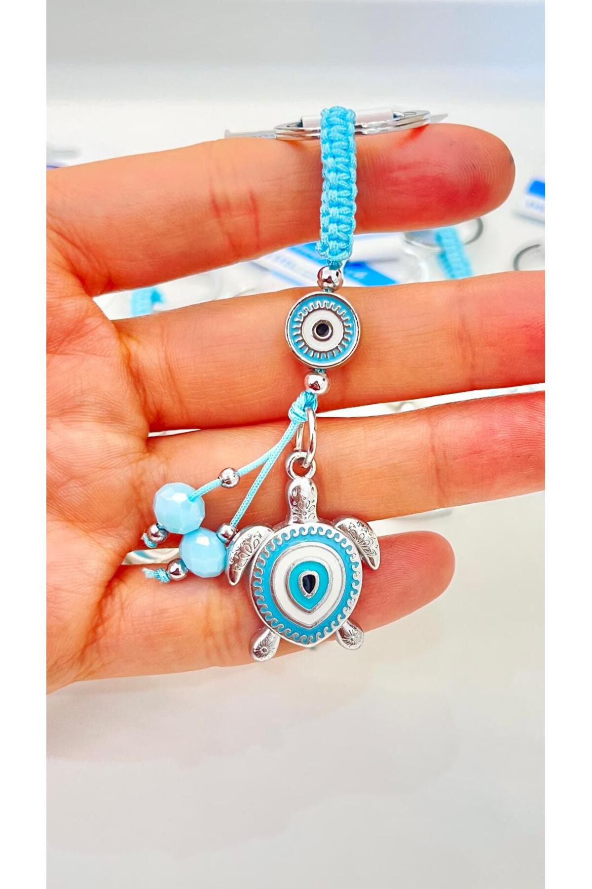 Abigail Silver-Plated Evil Eye Keychain - Light Blue Turtle
