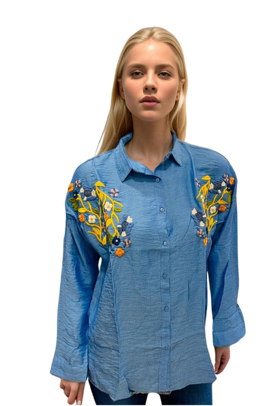 Claire Women's Floral Embellished Button-Up Shirt - Blue Floral Embroidery