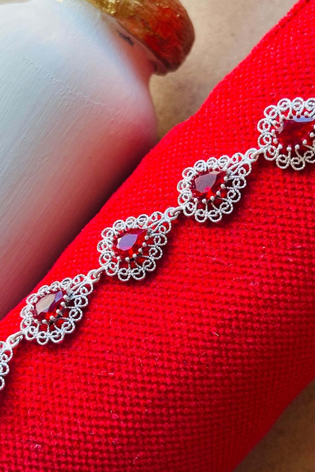 Brooke Seven-Stone Filigree Silver Bracelet - Red Ruby