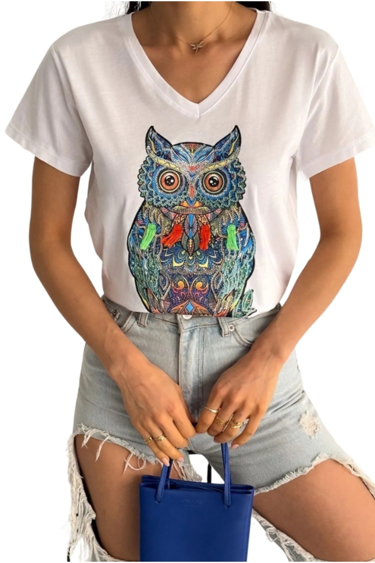 Olivia Women's Cotton Plus Size Embellished V-Neck T-Shirt - White Owl Print