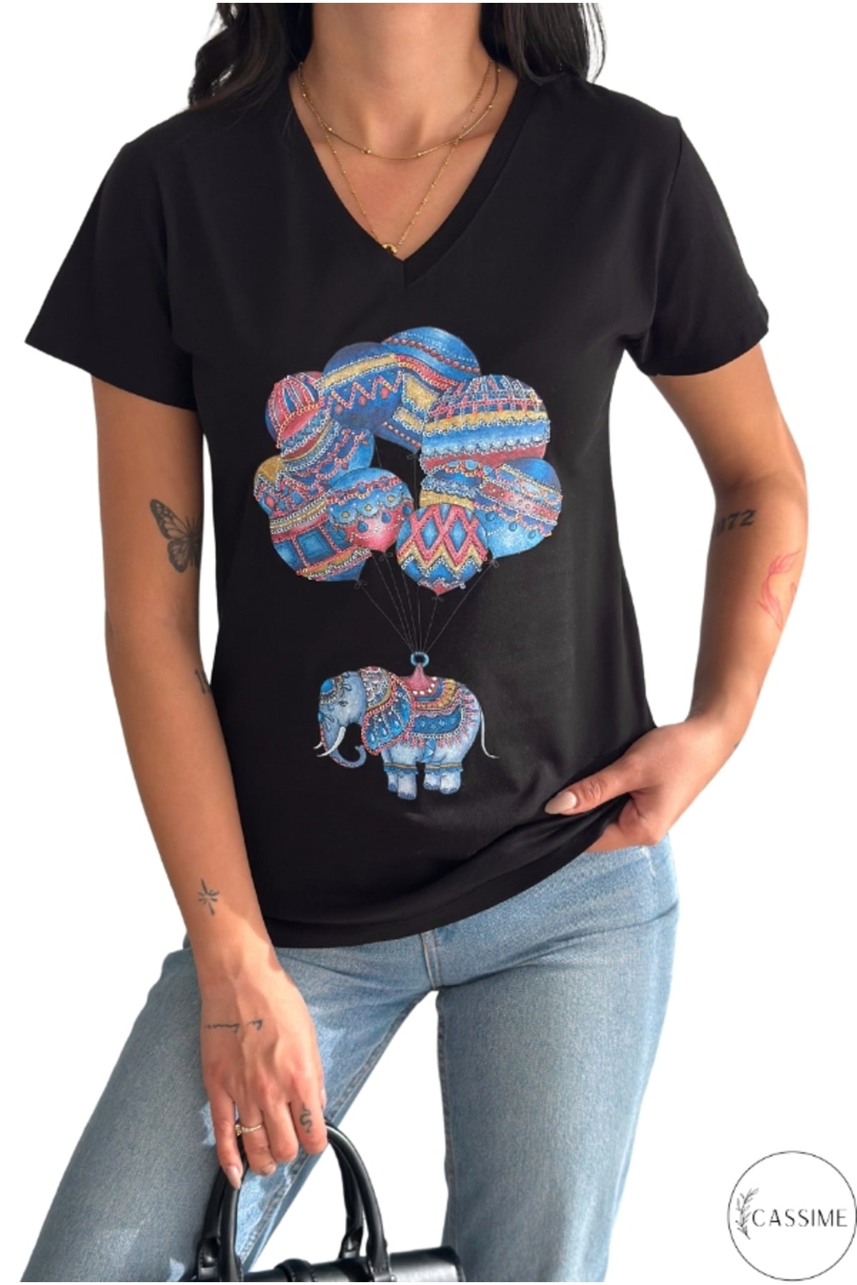Olivia Women's Cotton Plus Size Embellished V-Neck T-Shirt - Black with Balloon Elephant Sequins