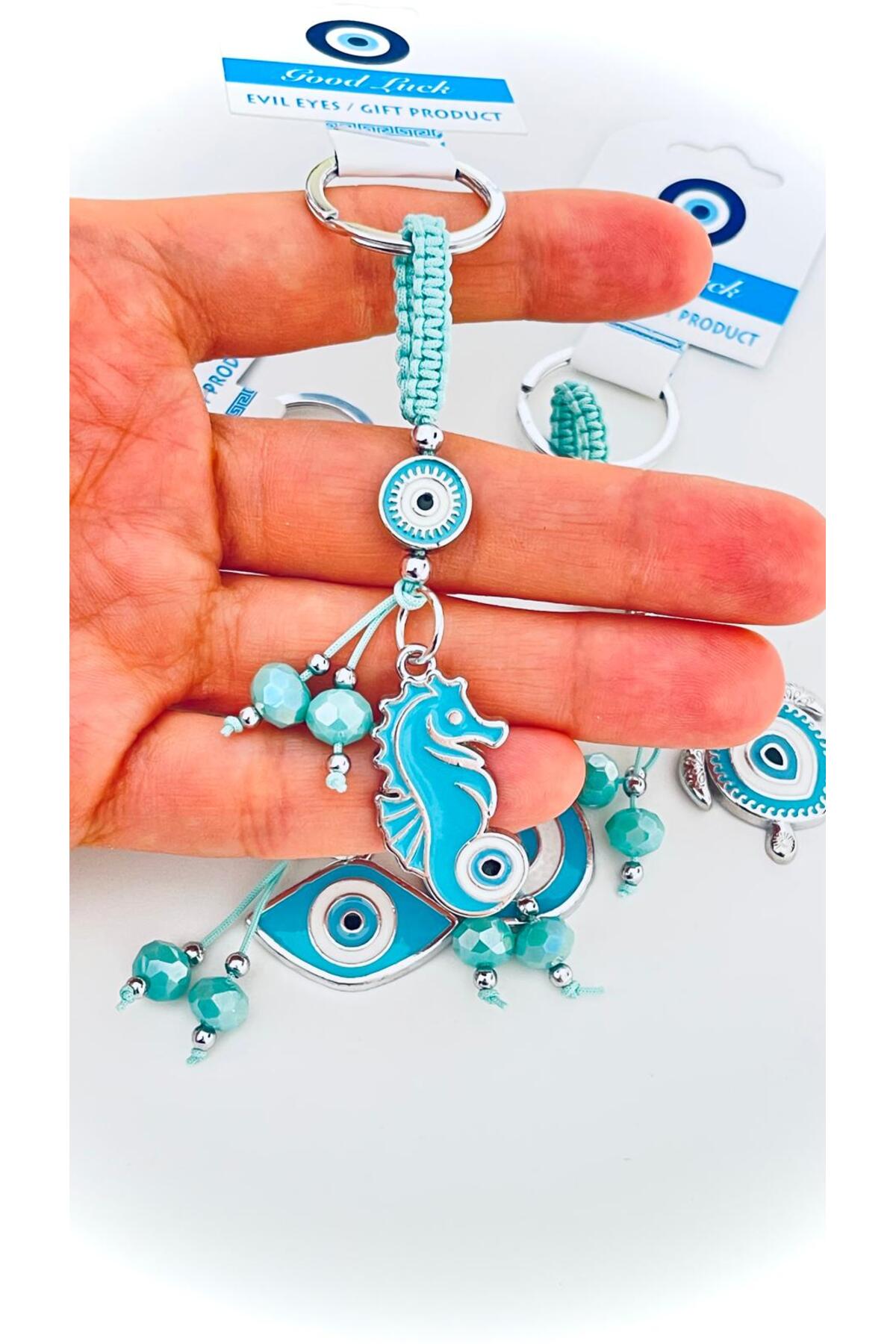 Abigail Silver-Plated Evil Eye Keychain - Turquoise Seahorse